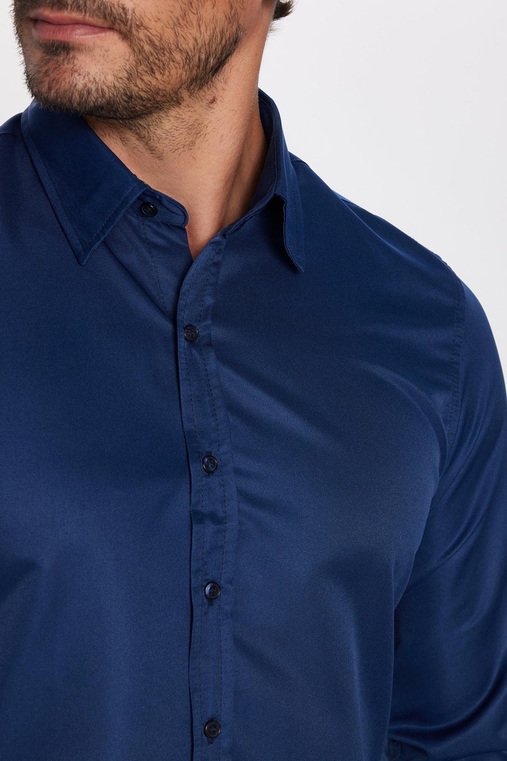 Tudors Slim Fit Uzun Kollu Kolay Ütü Teri Emen Nefes Alan Doku Kravatlık Dört Mevsim Lacivert Erkek Gömlek görsel 4