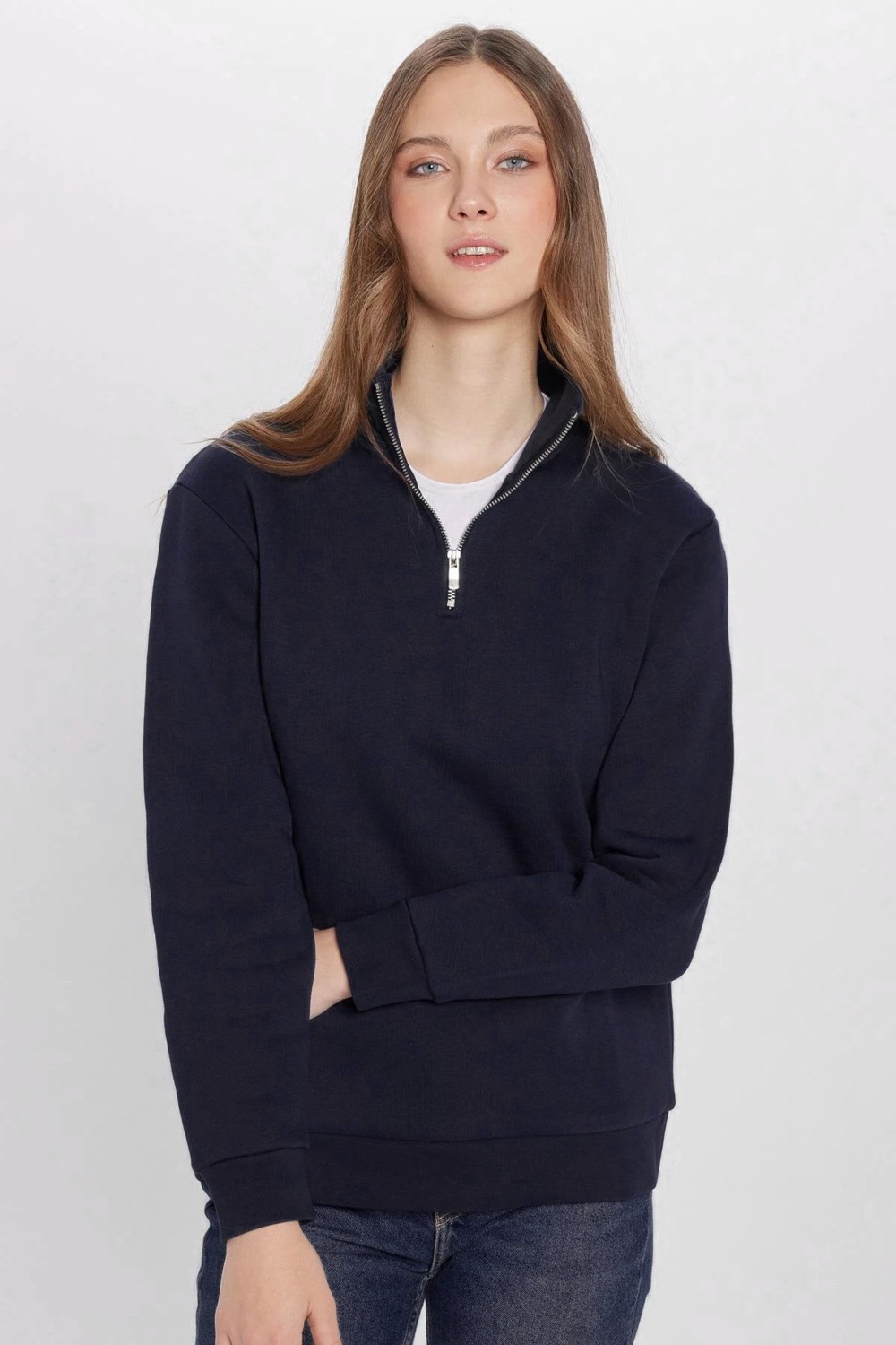 Tudors Unisex Relax Fit Rahat Kesim Pamuklu İçi Polarlı Yarım Fermuarlı Lacivert Dik Yaka Sweatshirt görsel 7