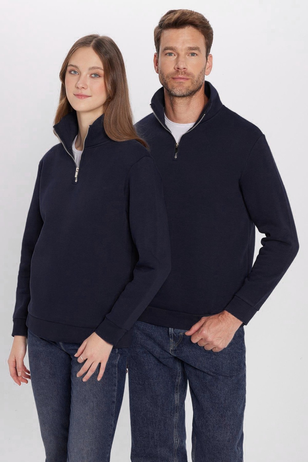 Tudors Unisex Relax Fit Rahat Kesim Pamuklu İçi Polarlı Yarım Fermuarlı Lacivert Dik Yaka Sweatshirt görsel 8