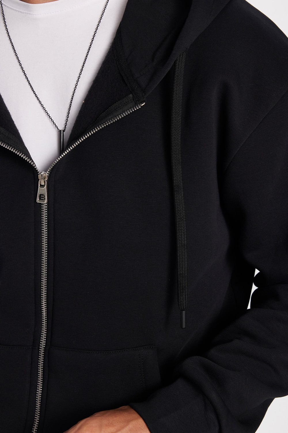 Tudors Unisex Relax Fit Rahat Kesim Pamuklu İçi Polarlı Çift Cepli Fermuarlı Siyah Kapüşonlu Sweatshirt görsel 3