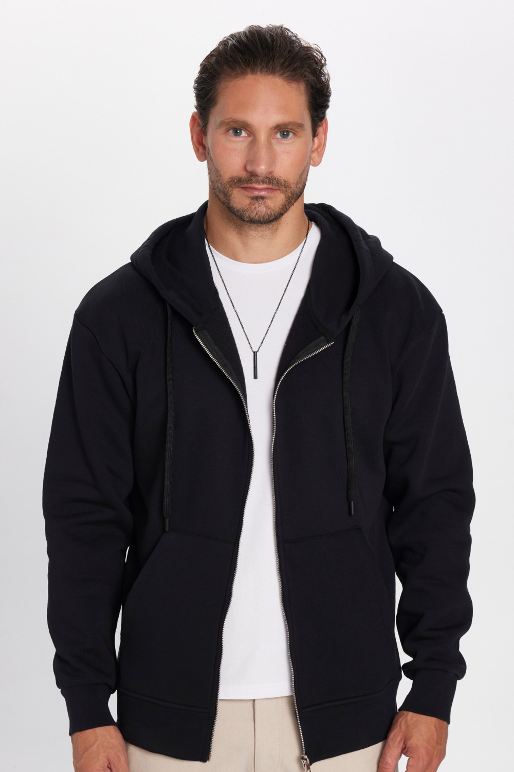 Tudors Unisex Relax Fit Rahat Kesim Pamuklu İçi Polarlı Çift Cepli Fermuarlı Siyah Kapüşonlu Sweatshirt görsel 4