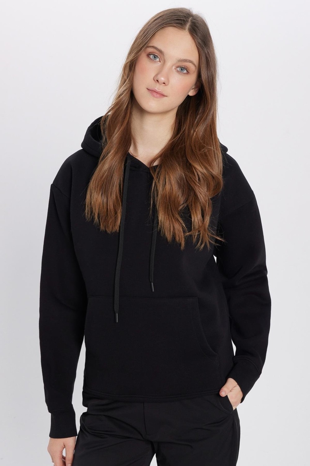 Tudors Unisex Oversize Geniş Kesim Pamuklu Yumuşak Dokulu İçi Polarlı Basic Siyah Kapüşonlu Sweatshirt görsel 3