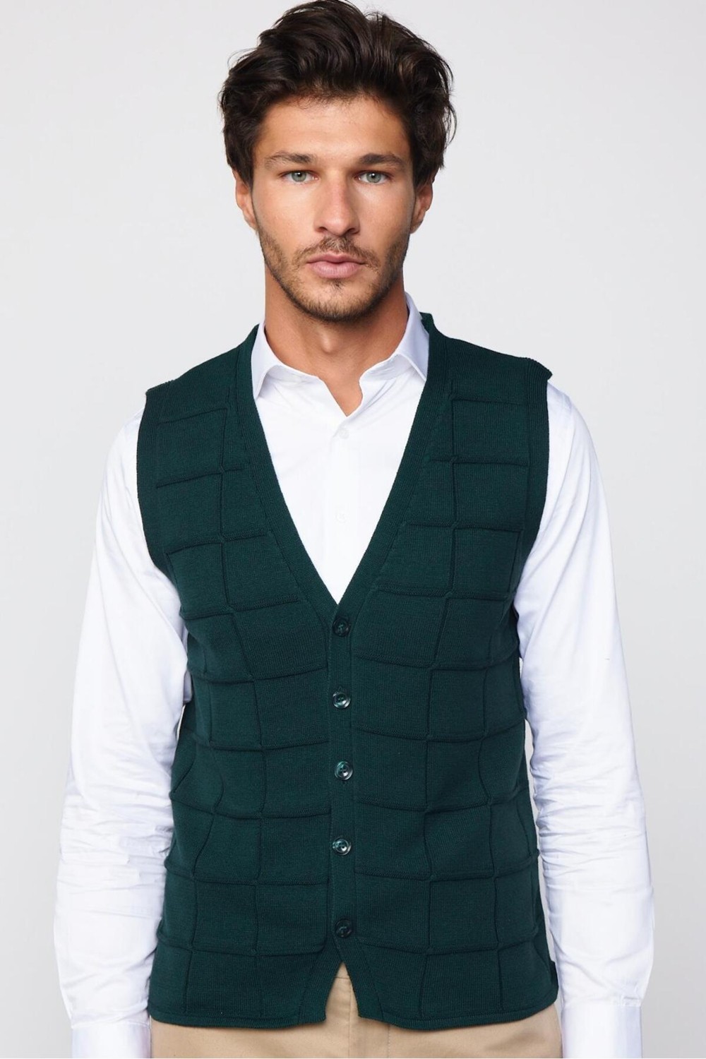 Tudors Slim Fit Kare Desenli Yeşil Erkek Yelek görsel 2
