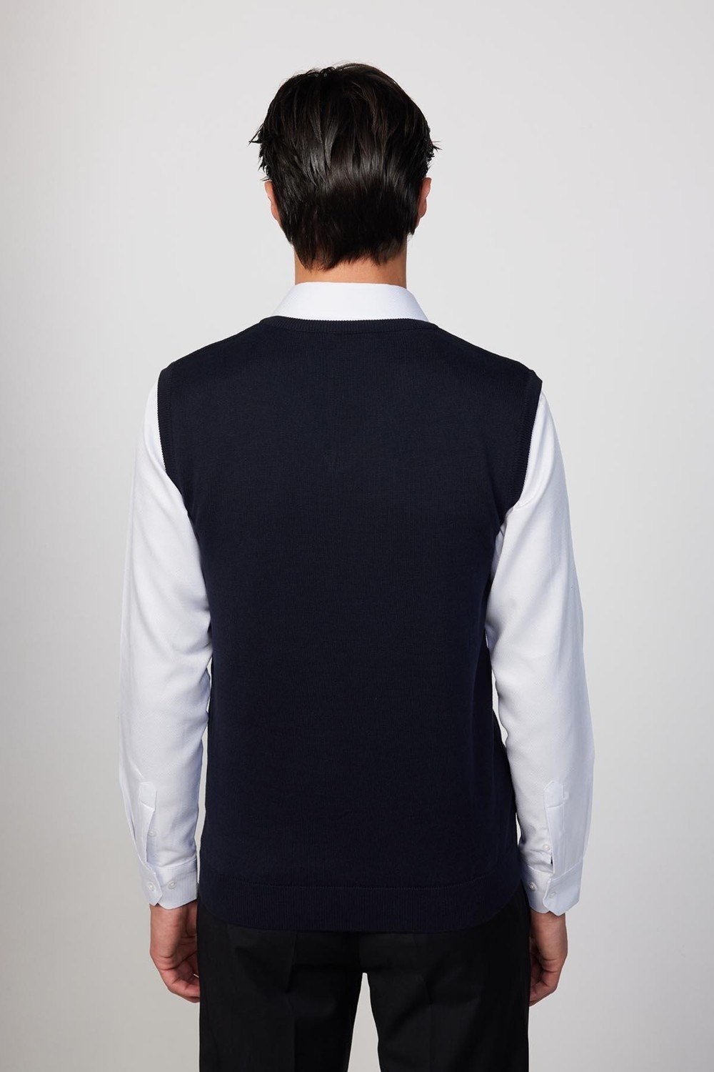 Tudors Slim Fit Dar Kesim V Yaka Kendinden Desenli Lacivert Erkek Süveter görsel 5