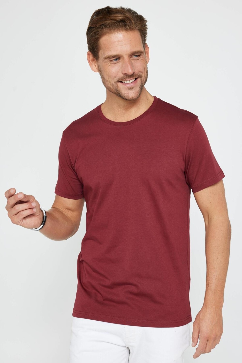 Tudors Unisex 5'li Paket Siyah-Beyaz-Haki-Bordo-Vizon Slim Fit Dar Kesim %100 Pamuk Bisiklet Yaka Tişört görsel 4