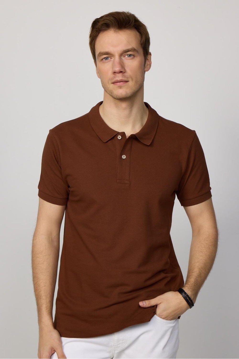 Tudors Erkek Slim Fit Dar Kesim Pamuklu Yumuşak Doku Nefes Alan Kumaş Kahverengi Polo Yaka Tişört görsel 5