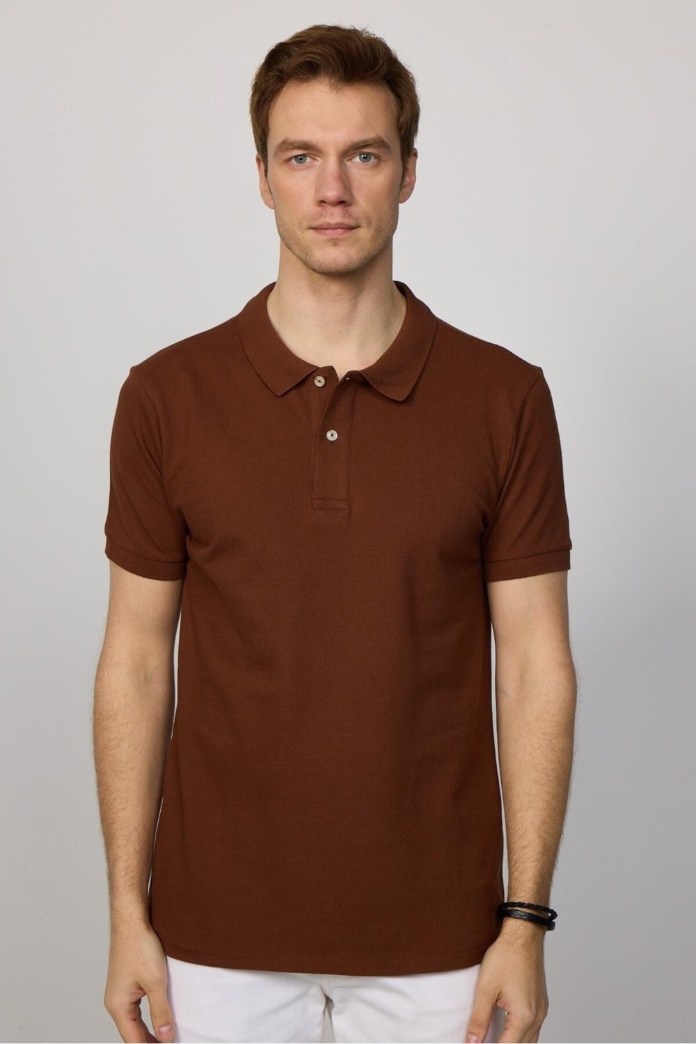 Tudors Erkek Slim Fit Dar Kesim Pamuklu Yumuşak Doku Nefes Alan Kumaş Kahverengi Polo Yaka Tişört görsel 8