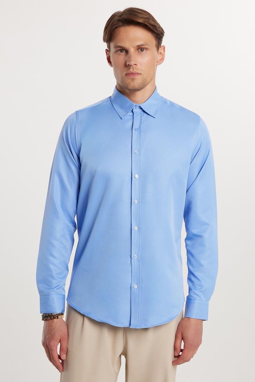 Tudors Slim Fit Kolay Ütü Teri Emen Nefes Alan Doku Kravatlık Dört Mevsim Erkek Gömlek görsel 4