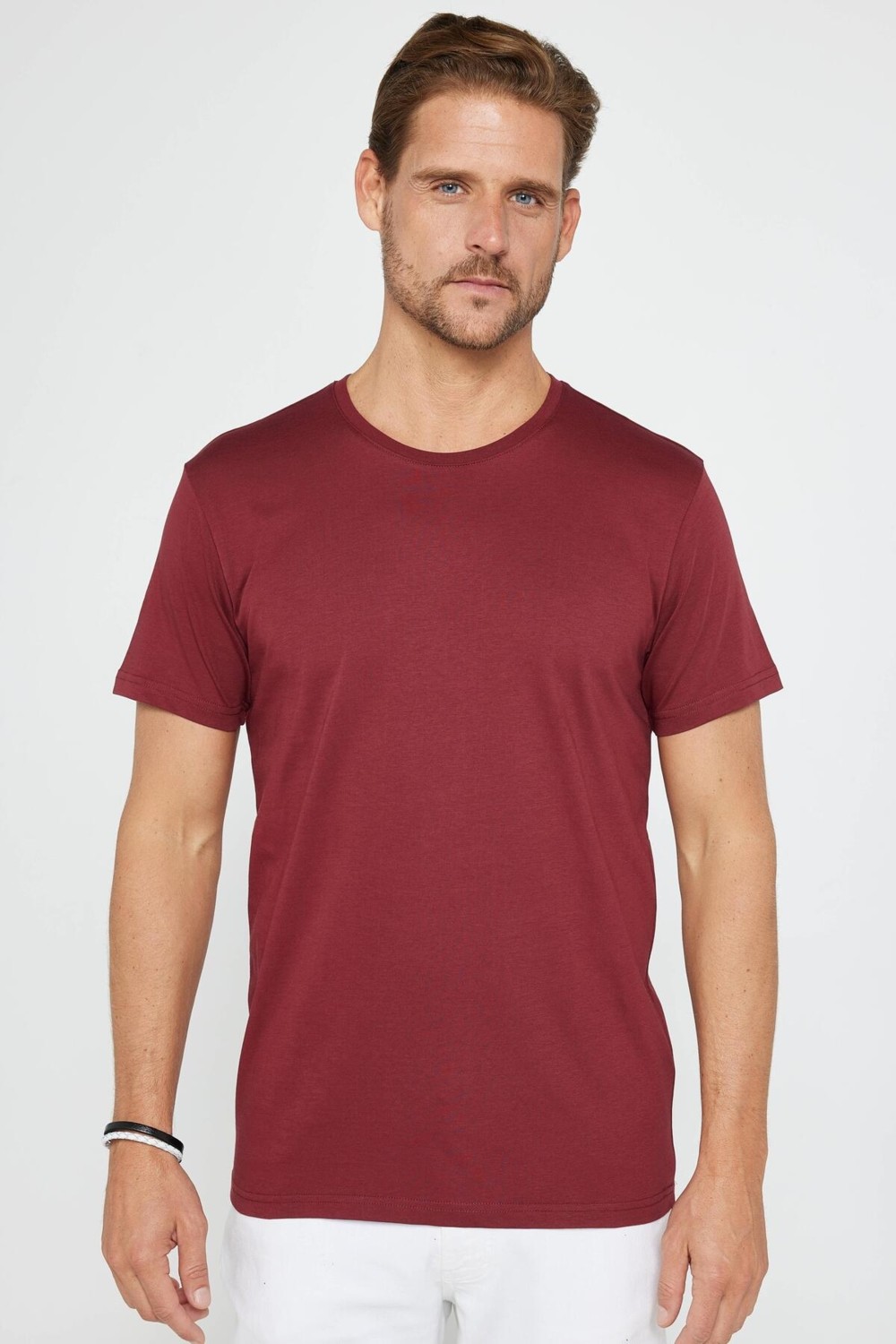 Tudors Unisex 5li Paket Lacivert-Haki-Bordo-Tarçın-Vizon Slim Fit Dar Kesim %100 Pamuk Bisiklet Yaka Tişört görsel 4
