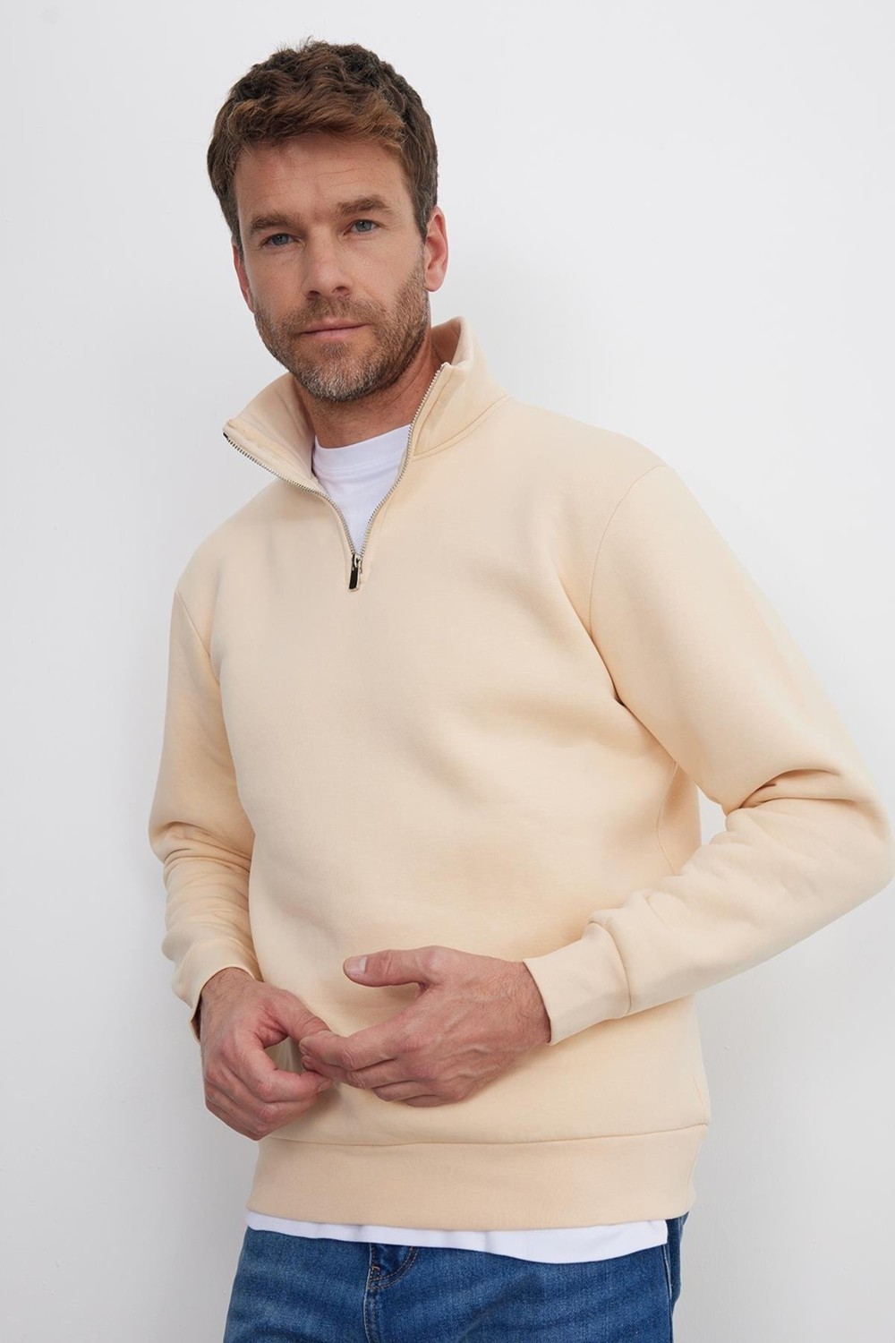 Tudors Unisex Relax Fit Rahat Kesim Pamuklu İçi Polarlı Yarım Fermuarlı Bordo Dik Yaka Sweatshirt görsel 6