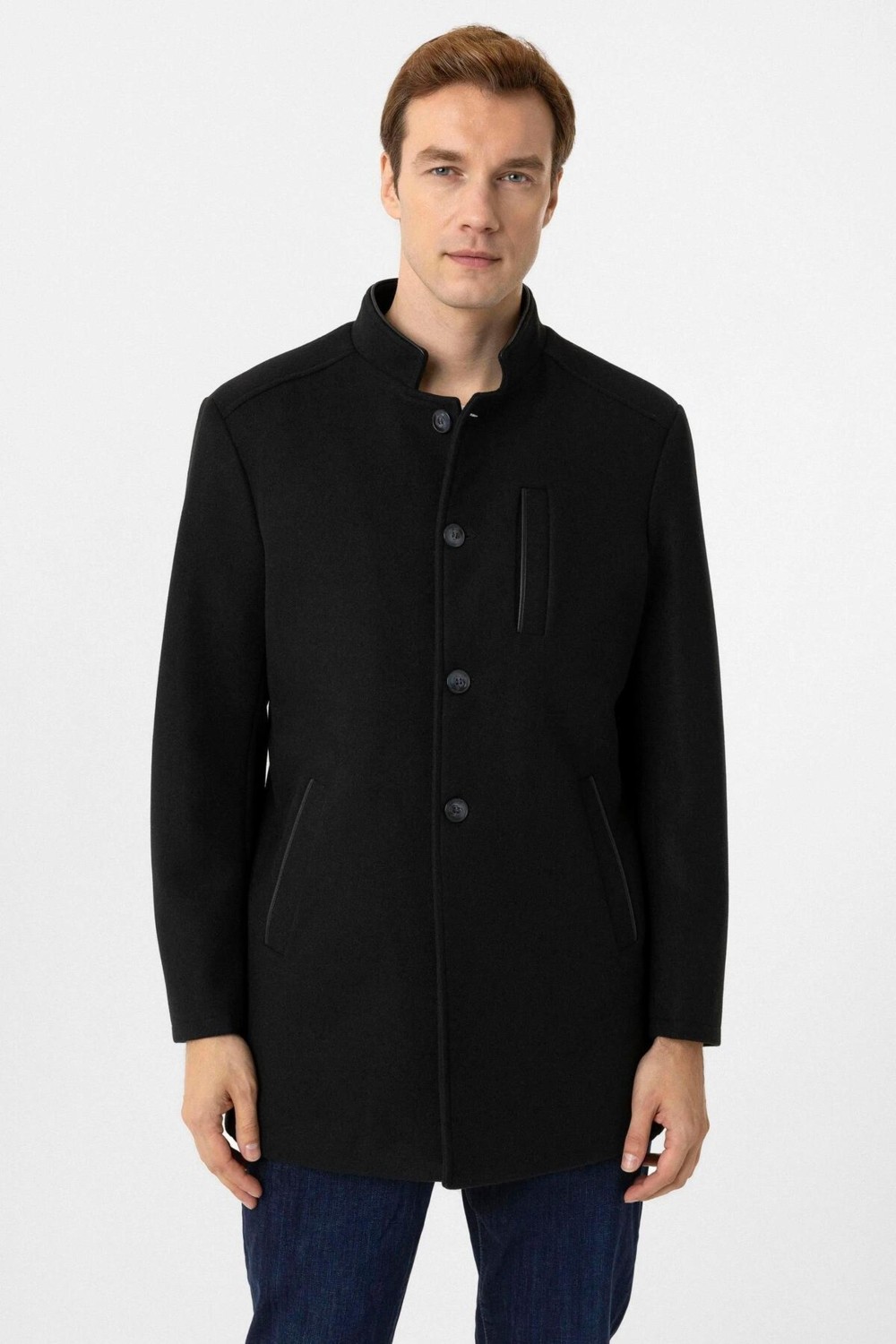Süvari Siyah Yünlü Regular Erkek Kaban Polyester Karışımlı Slim Fit Casual Stil görsel 2