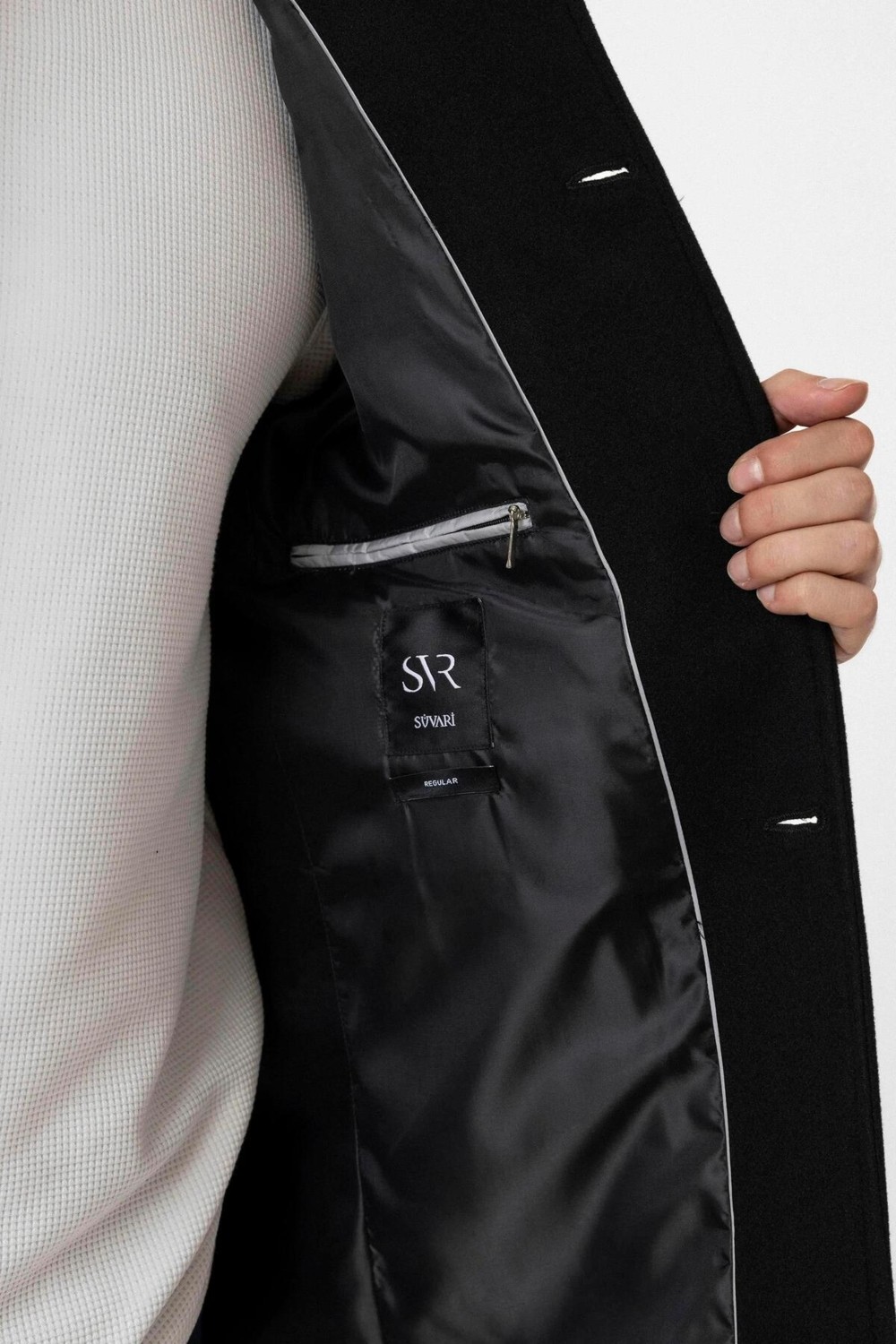Süvari Siyah Yünlü Regular Erkek Kaban Polyester Karışımlı Slim Fit Casual Stil görsel 6