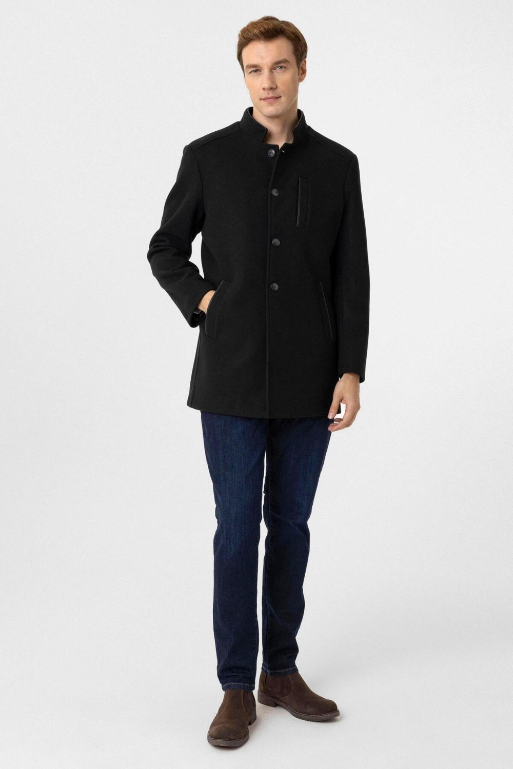 Süvari Siyah Yünlü Regular Erkek Kaban Polyester Karışımlı Slim Fit Casual Stil görsel 7