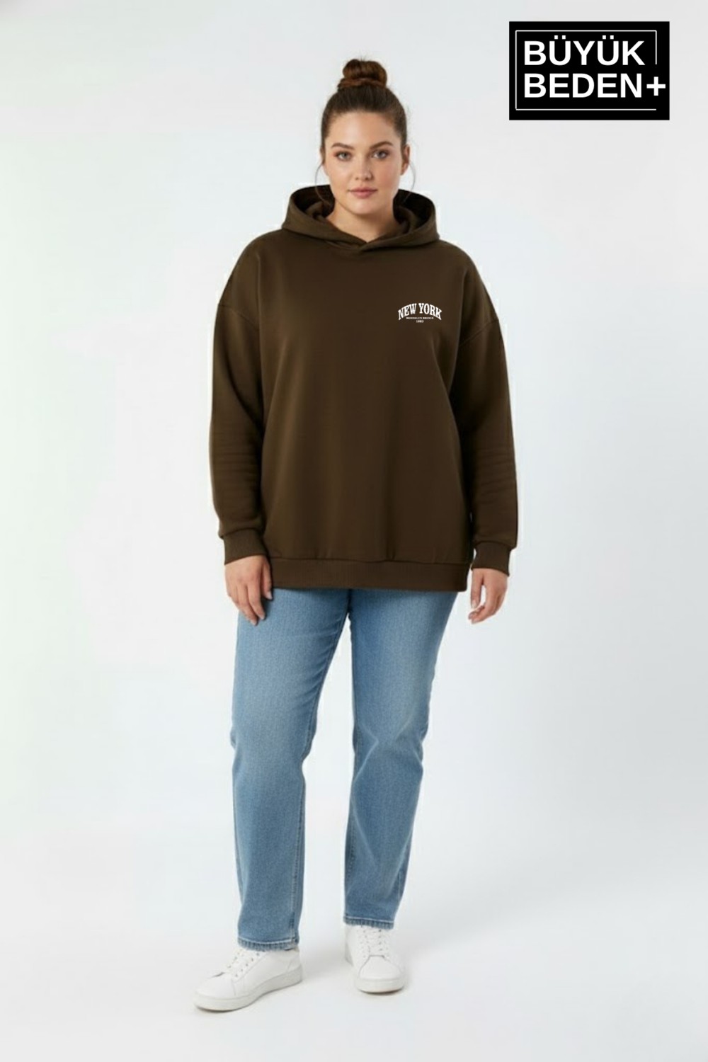 Superlife Kadın Büyük Beden New York Baskılı Kapüşonlu Sweatshirt SPR26BSWK962