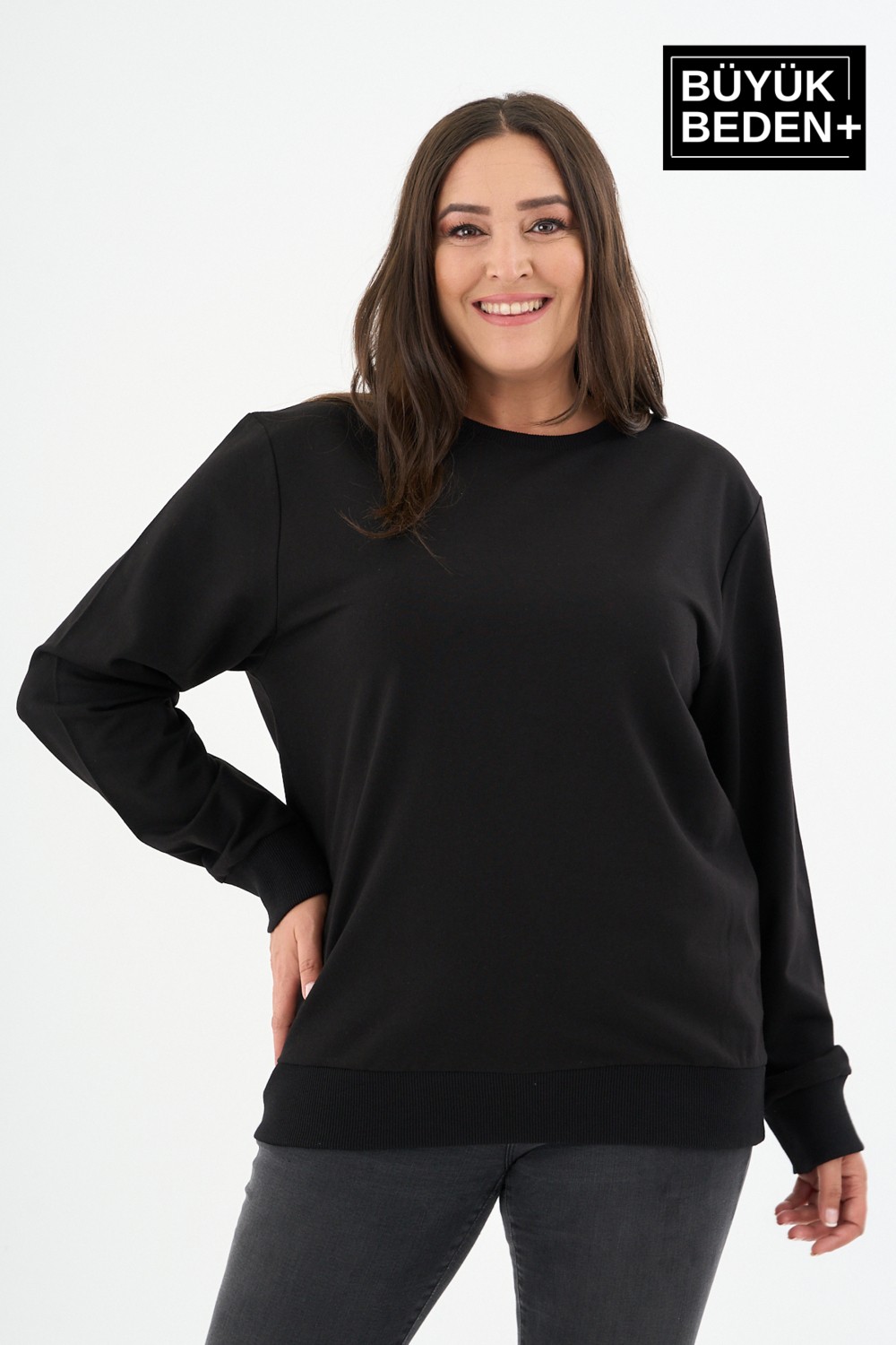 Superlife Kadın Büyük Beden Bisiklet Yaka Kollar ve Etek Ribanalı Ince Sweatshirt, Regular Fit %64 Pamuklu SPR26BSW956 görsel 5