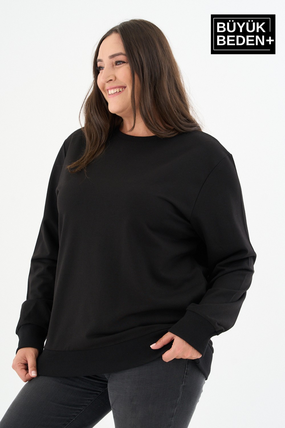 Superlife Kadın Büyük Beden Bisiklet Yaka Kollar ve Etek Ribanalı Ince Sweatshirt, Regular Fit %64 Pamuklu SPR26BSW956 görsel 6