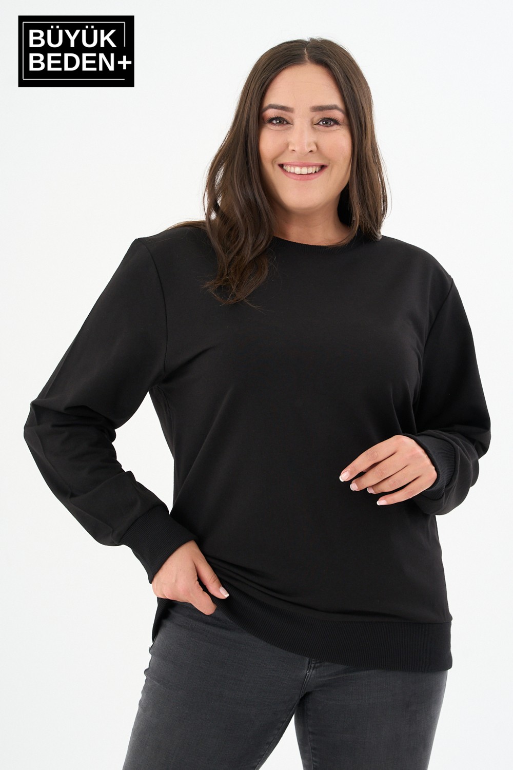 Superlife Kadın Büyük Beden Bisiklet Yaka Kollar ve Etek Ribanalı Ince Sweatshirt, Regular Fit %64 Pamuklu SPR26BSW956 görsel 7