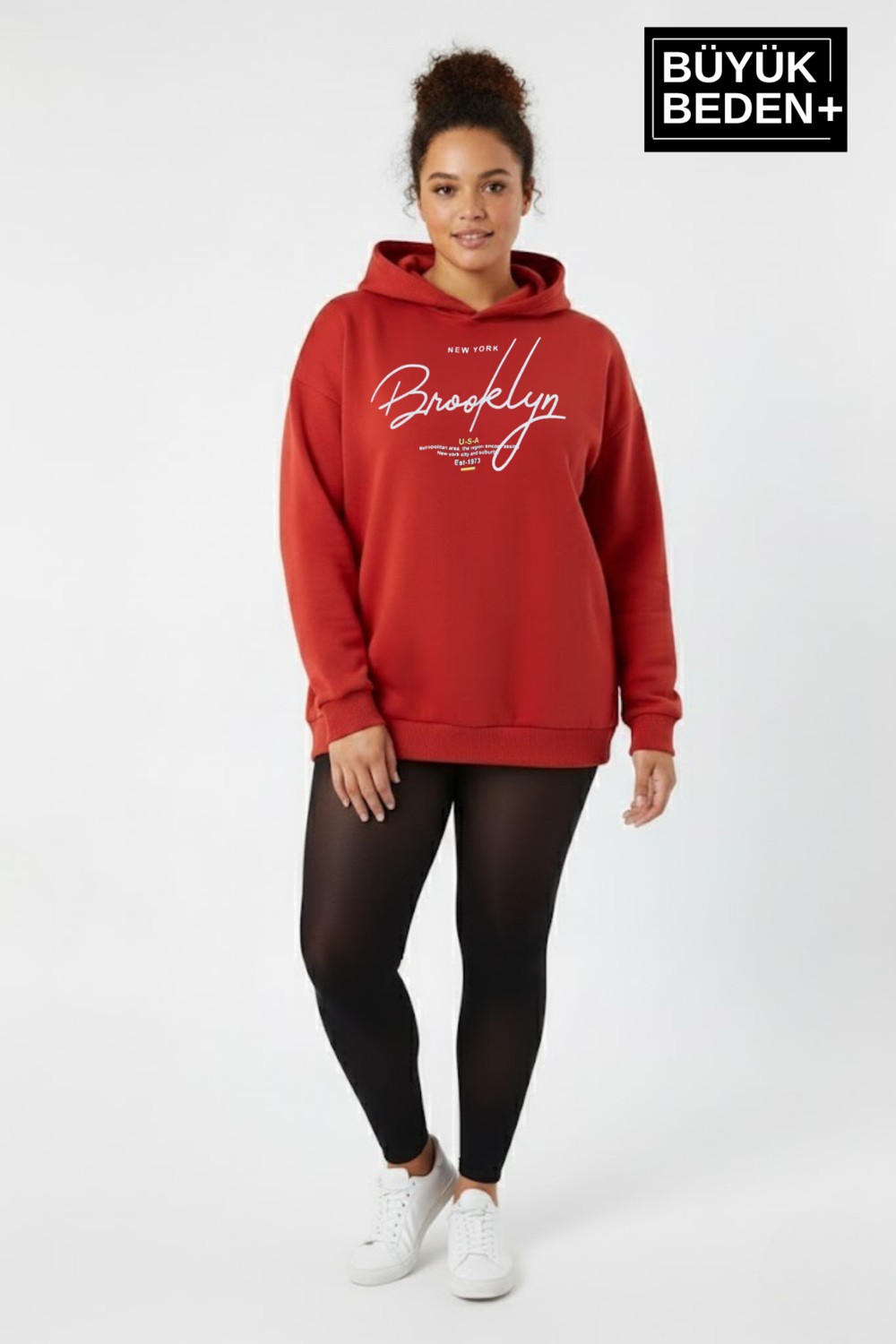 Superlife Kadın Büyük Beden Kapüşonlu El Yazılı Brooklyn Baskılı Rahat Kalıp Sweatshirt SPR26BSWK958
