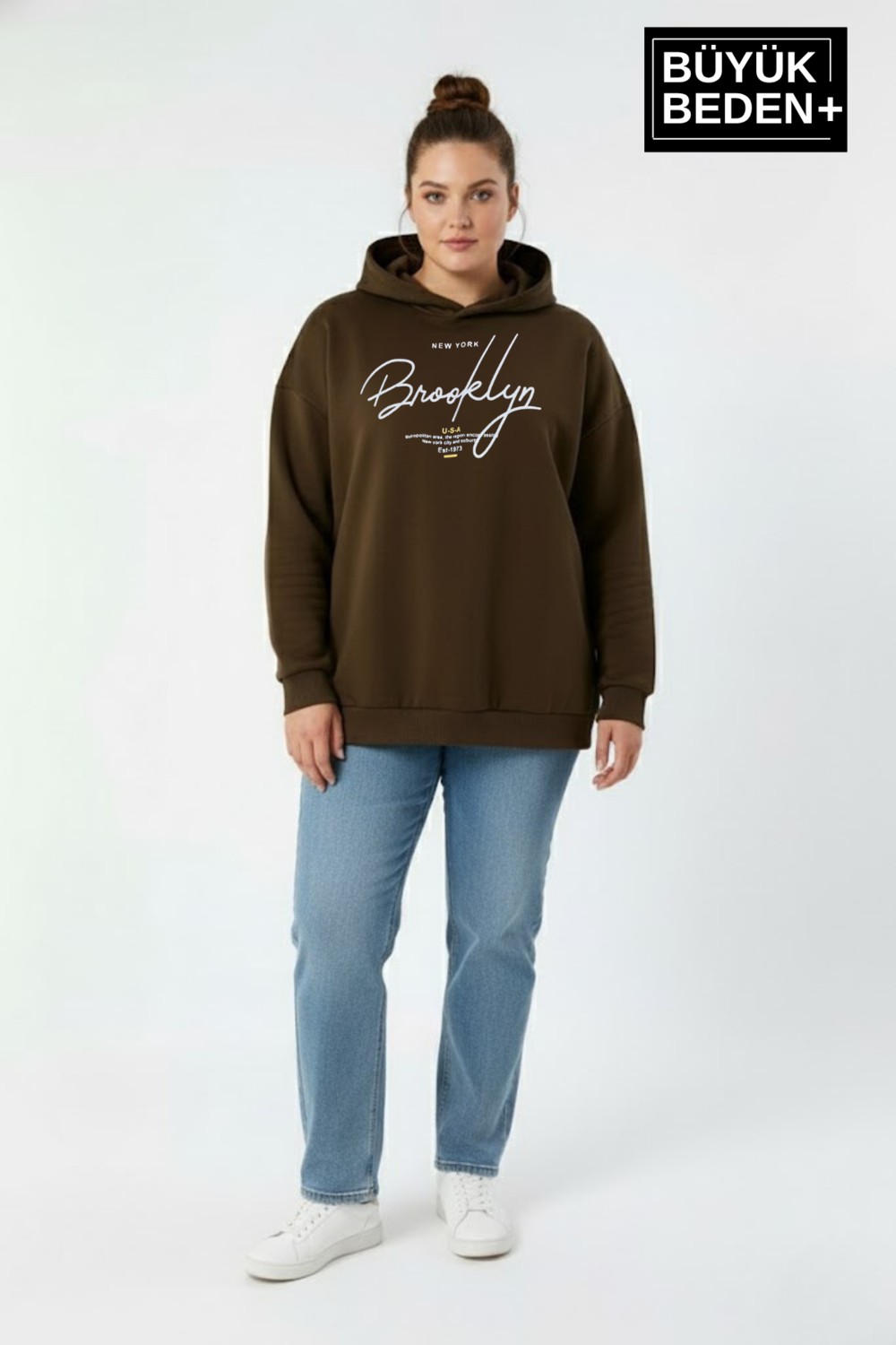 Superlife Kadın Büyük Beden Kapüşonlu El Yazılı Brooklyn Baskılı Rahat Kalıp Sweatshirt SPR26BSWK958