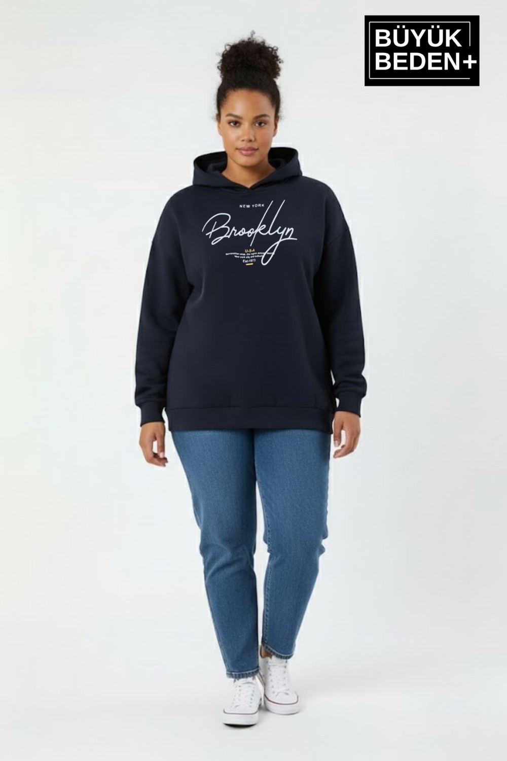 Superlife Kadın Büyük Beden Kapüşonlu El Yazılı Brooklyn Baskılı Rahat Kalıp Sweatshirt SPR26BSWK958