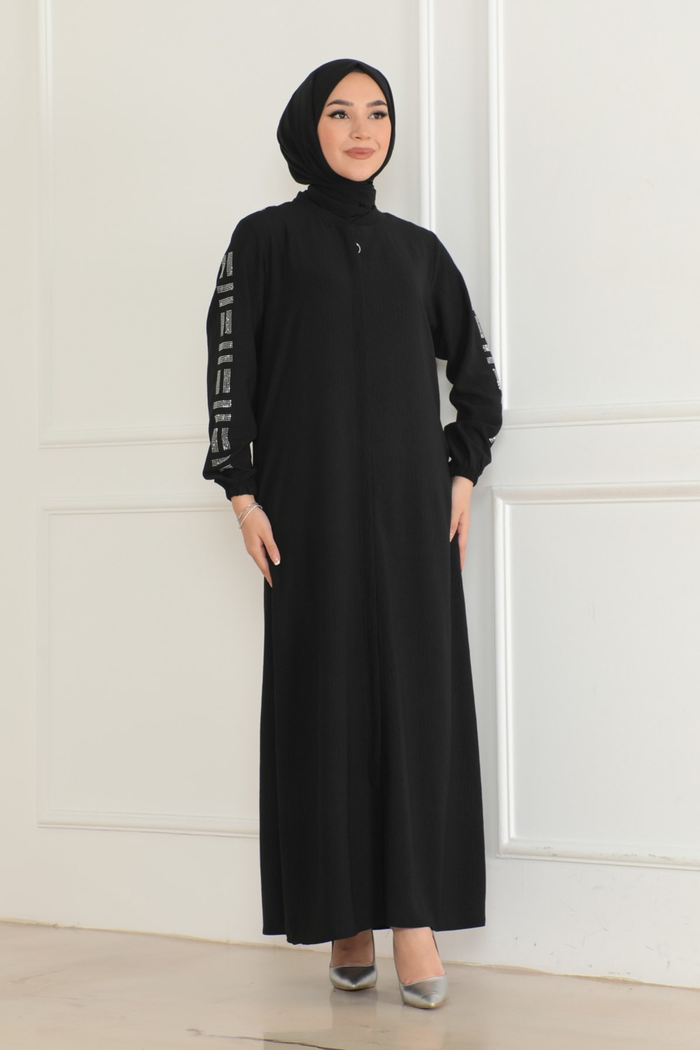 Oktayusta Collection Günlük Siyah Taş Detaylı Ferace görsel 4