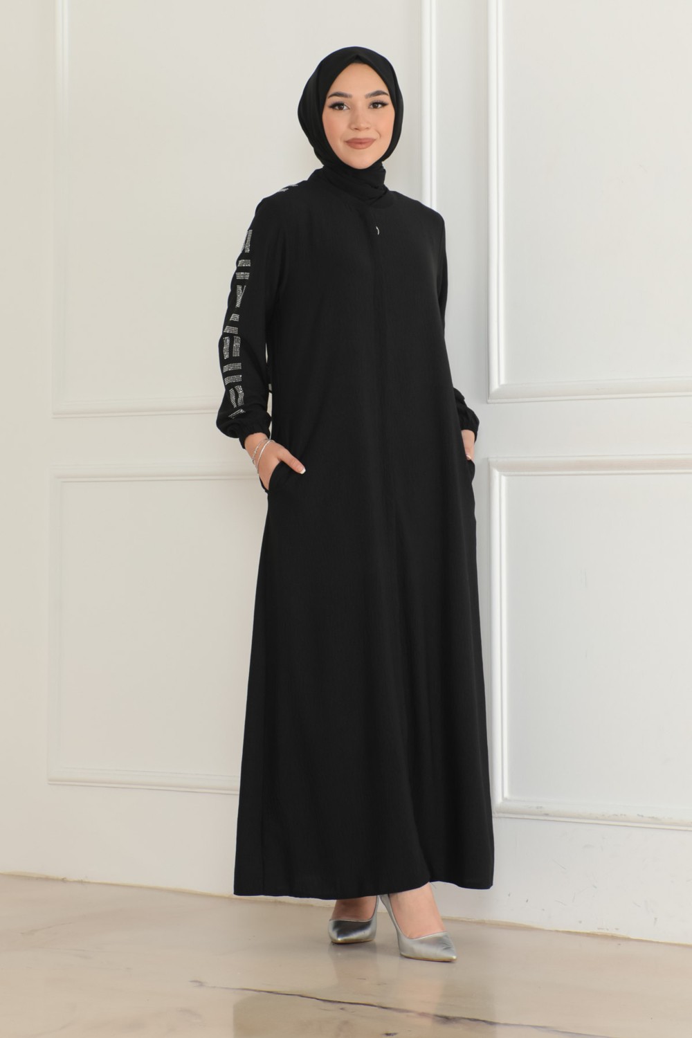 Oktayusta Collection Günlük Siyah Taş Detaylı Ferace görsel 7