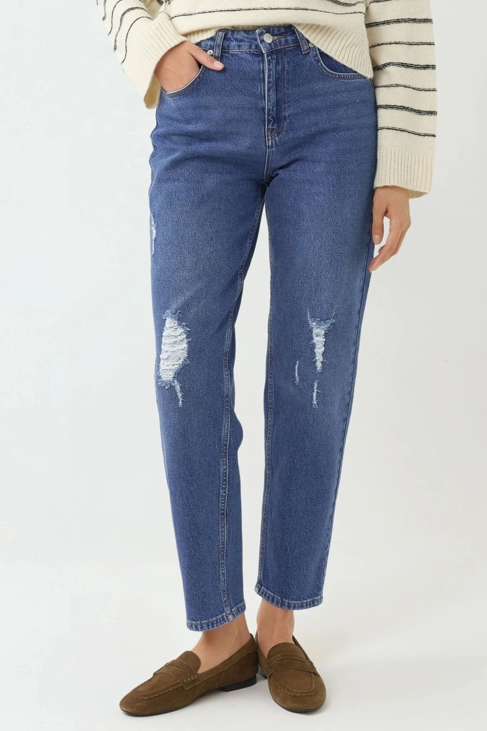 Hiccup Kadınlar Yırtık Detaylı Slim Fit Kot Pantolon Orta Mavi Denim