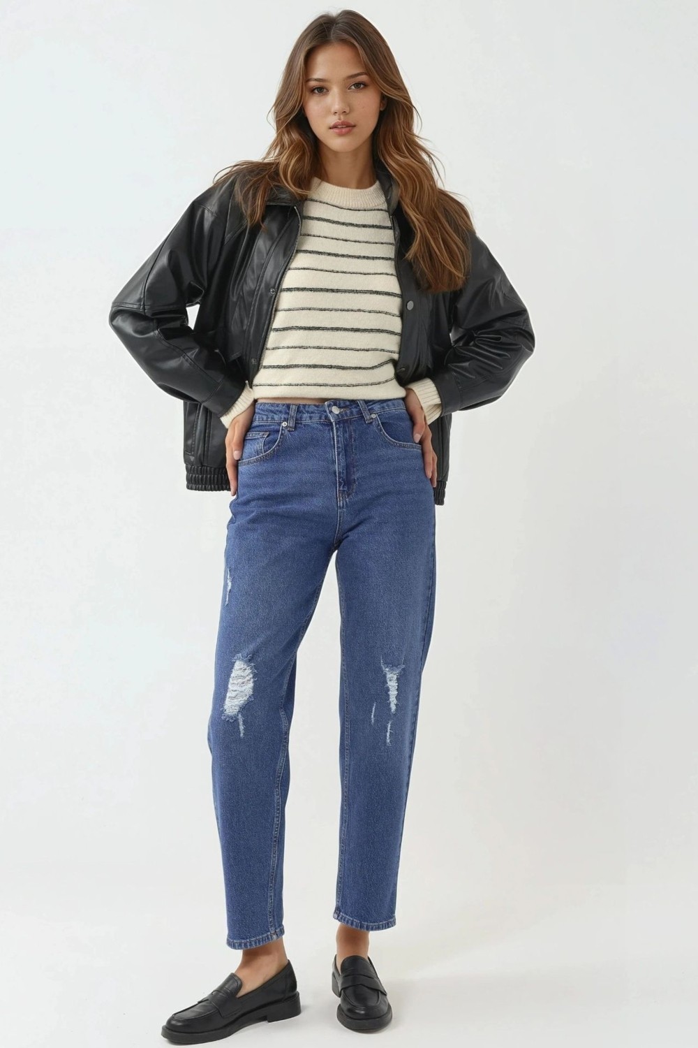Hiccup Kadınlar Yırtık Detaylı Slim Fit Kot Pantolon Orta Mavi Denim görsel 2