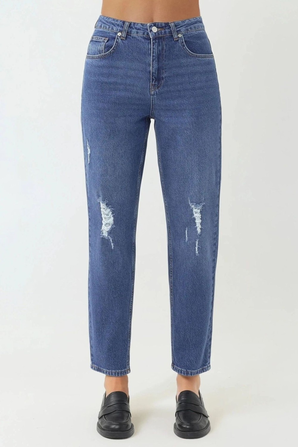 Hiccup Kadınlar Yırtık Detaylı Slim Fit Kot Pantolon Orta Mavi Denim görsel 6