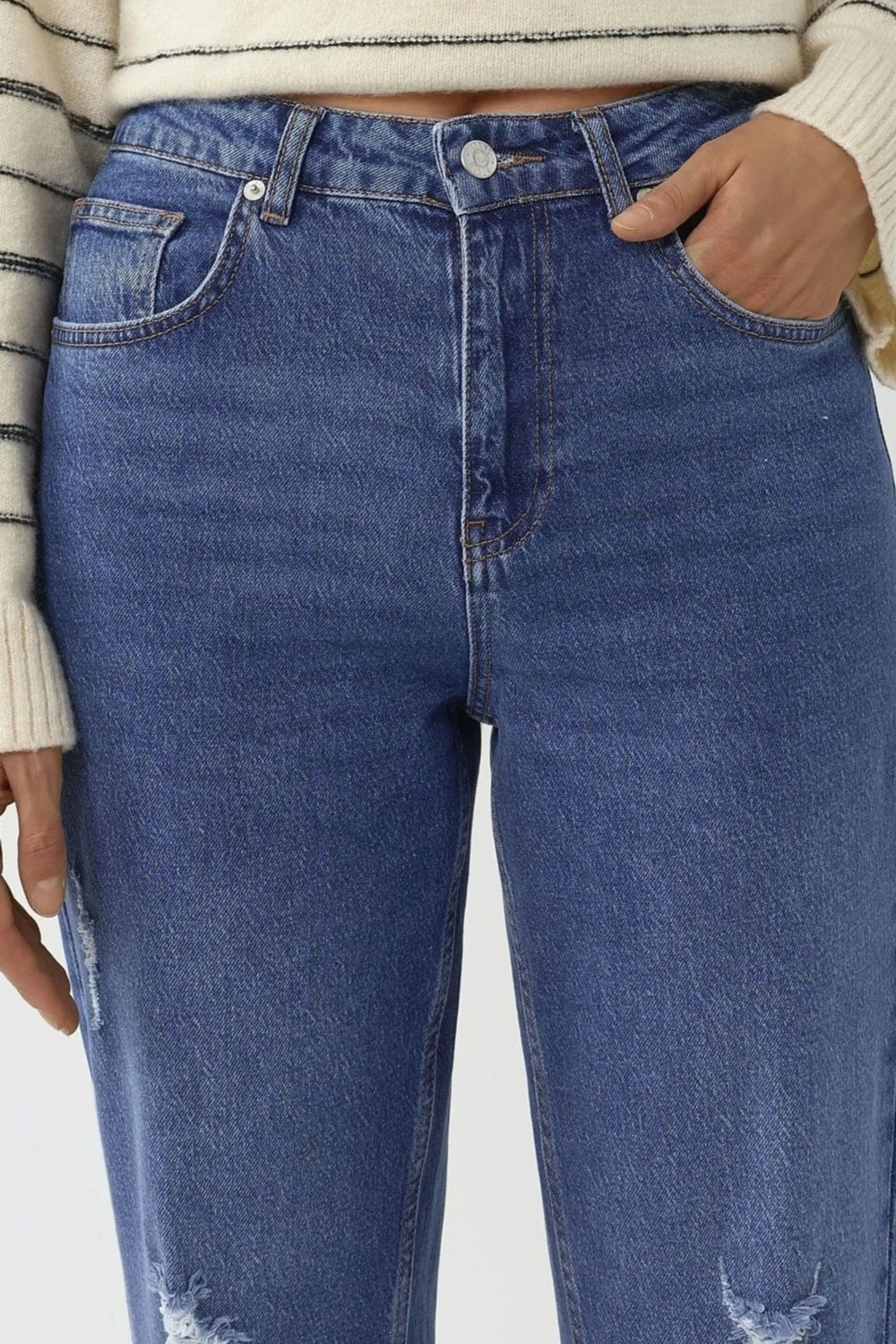 Hiccup Kadınlar Yırtık Detaylı Slim Fit Kot Pantolon Orta Mavi Denim görsel 7