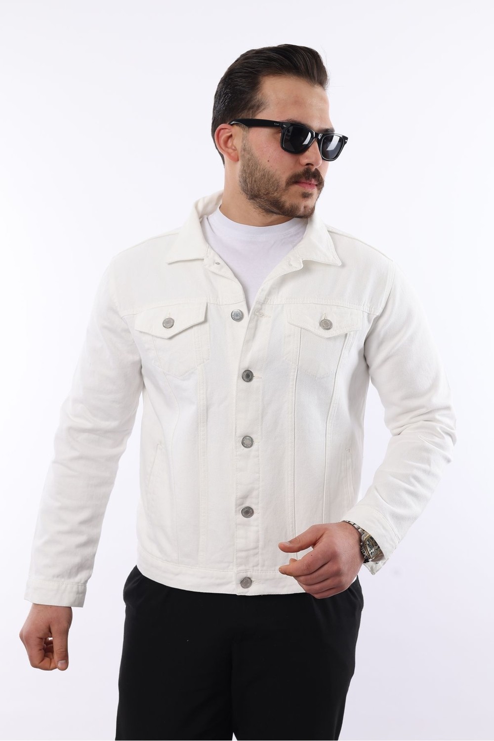 Comstar Erkek Trend Polo Yaka Slim Fit Denim Jeans Krem Kot Ceket