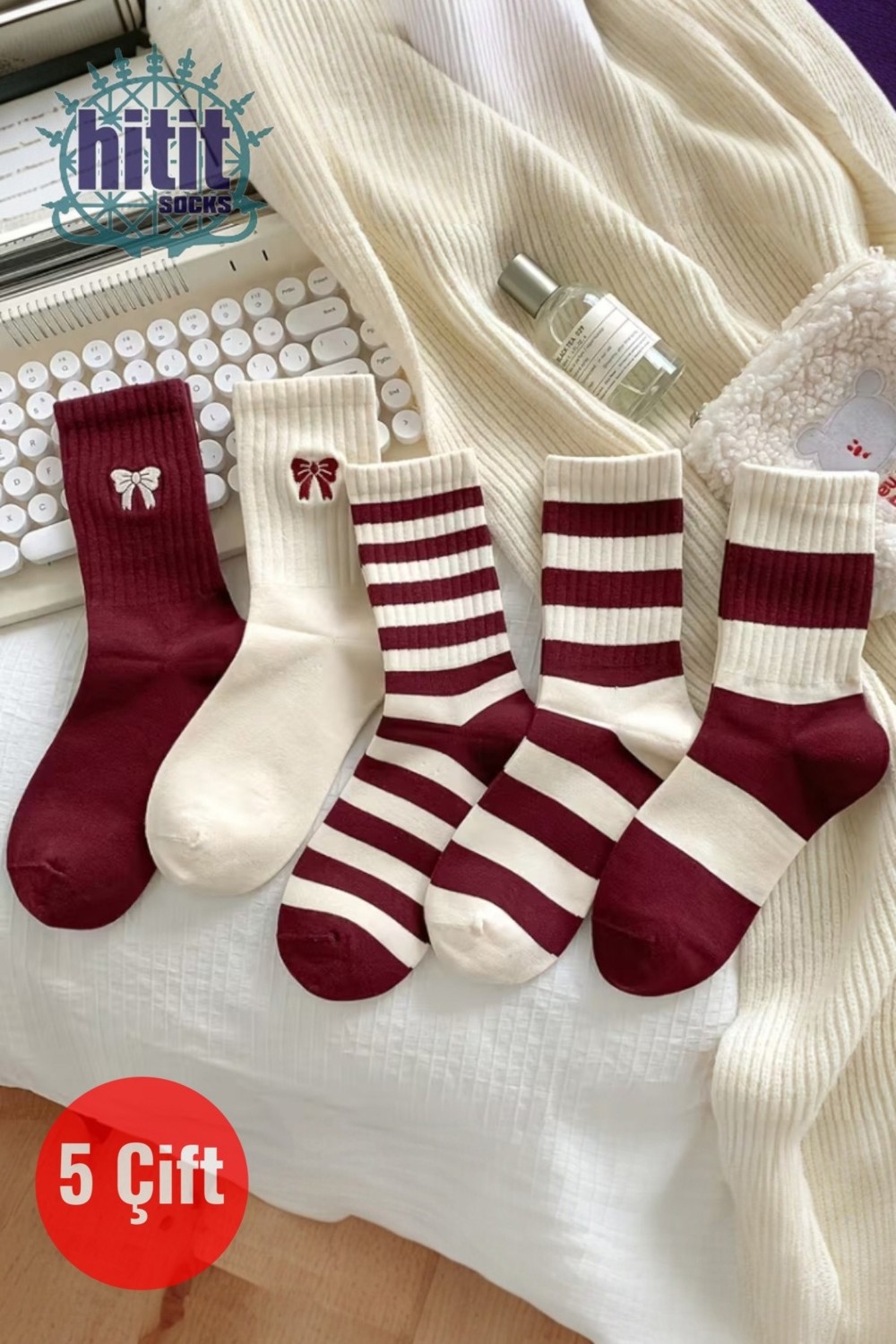 Hitit Socks Kadın Premium Kalite Uzun Kolej Çorap 5 Çift Kırmızı Beyaz Çizgili Kurdele Detaylı