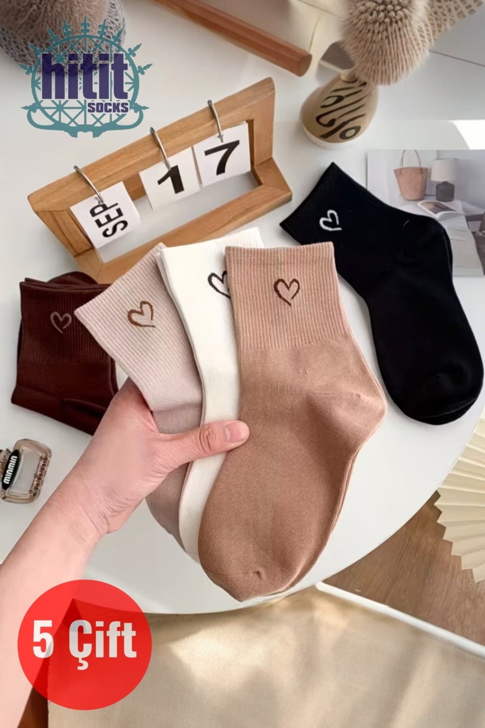 Hitit Socks Kadın 5 Çift Premium Kalite Mini Kalp Desenli Günlük Kullanım Sevimli Kolej Çorabı