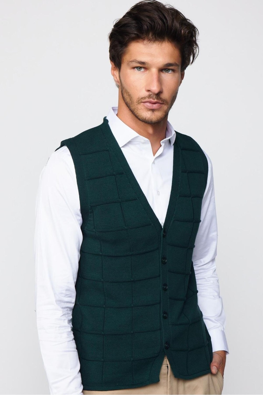 Tudors Slim Fit Kare Desenli Yeşil Erkek Yelek