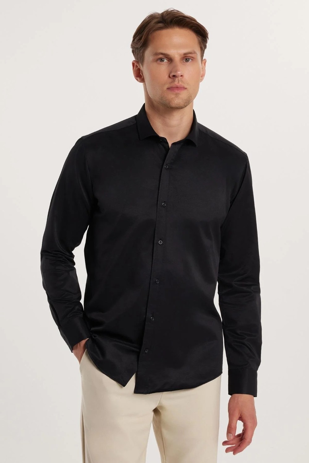 Tudors Modern Slim Fit Uzun Kollu Düz Saten Pamuklu Erkek Siyah Gömlek