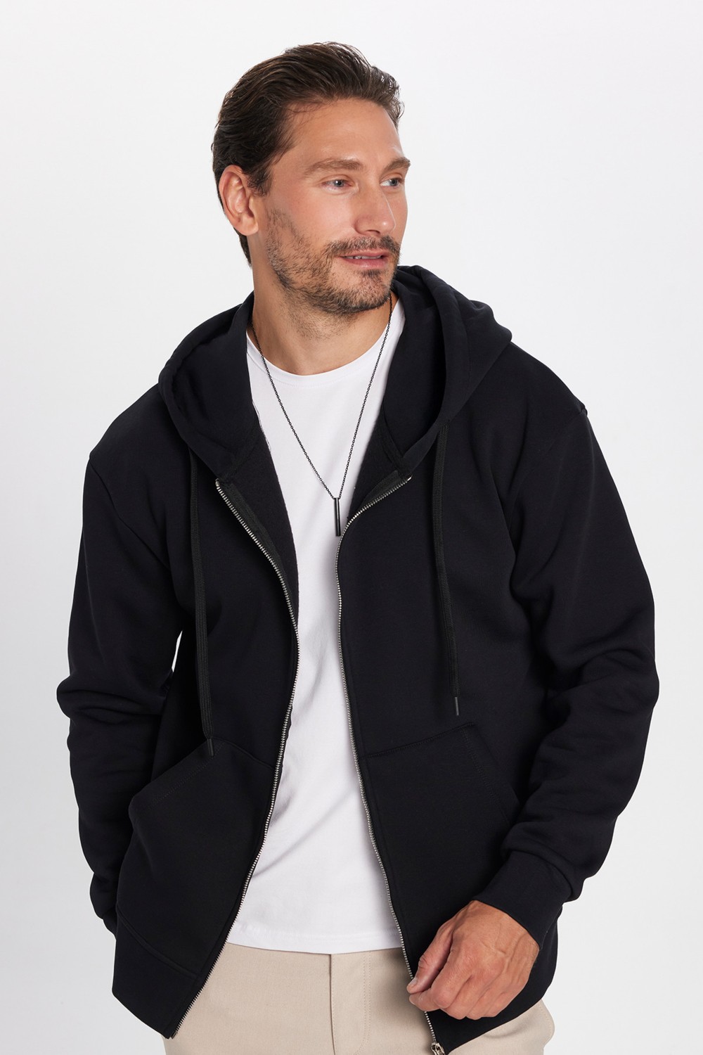 Tudors Unisex Relax Fit Rahat Kesim Pamuklu İçi Polarlı Çift Cepli Fermuarlı Siyah Kapüşonlu Sweatshirt
