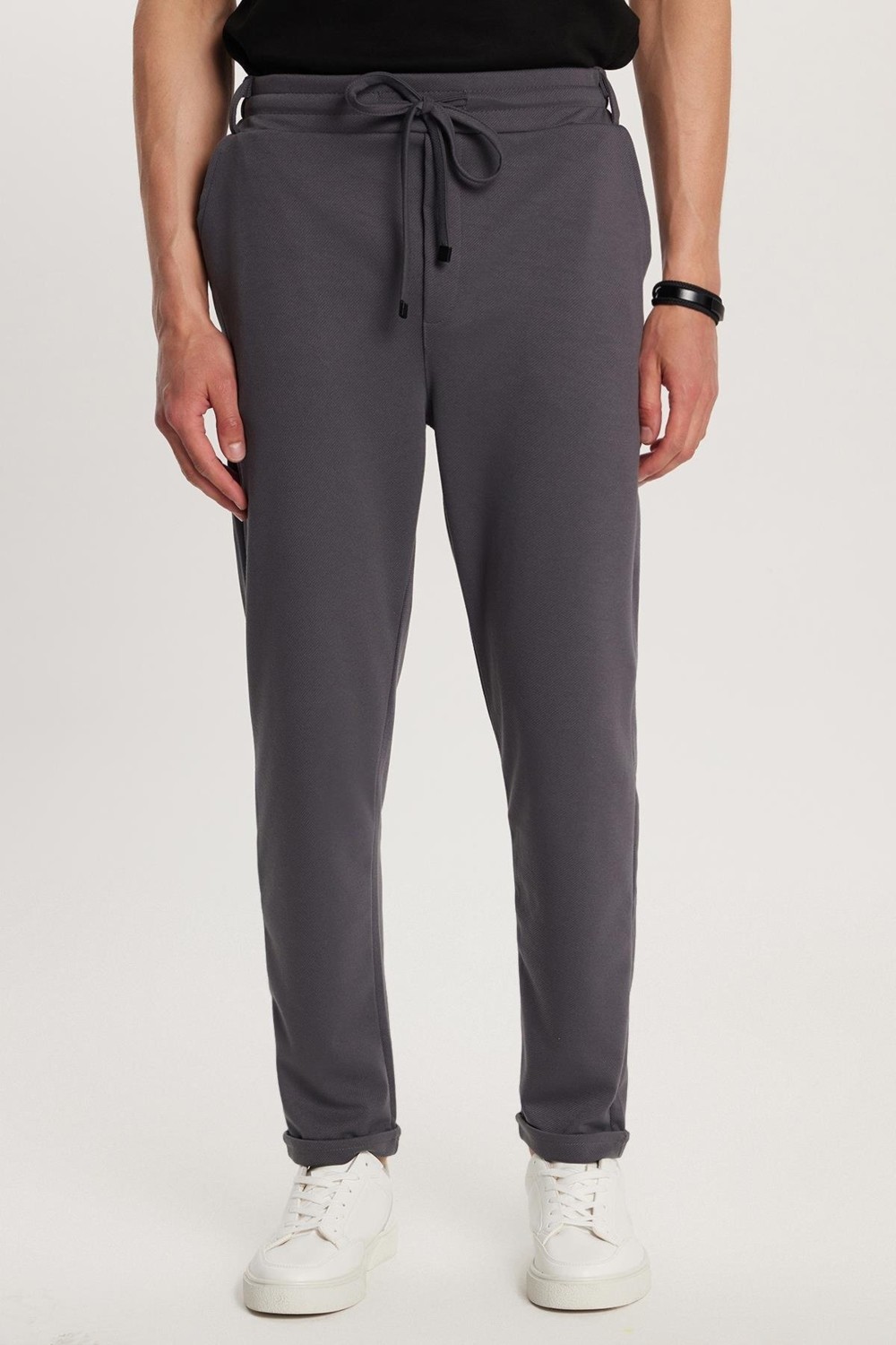 Tudors Erkek Slim Fit Pamuklu Beli Bağlamalı Yan Cepli Katlamalı Paça Jogger Lacivert Pantolon