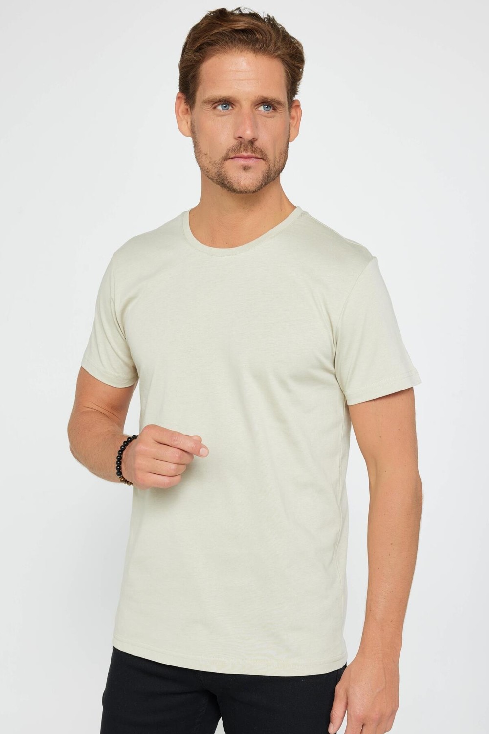 Tudors Unisex 3'lü Paket Siyah-Beyaz-Taş Rengi Slim Fit Dar Kesim %100 Pamuk Bisiklet Yaka Tişört görsel 7