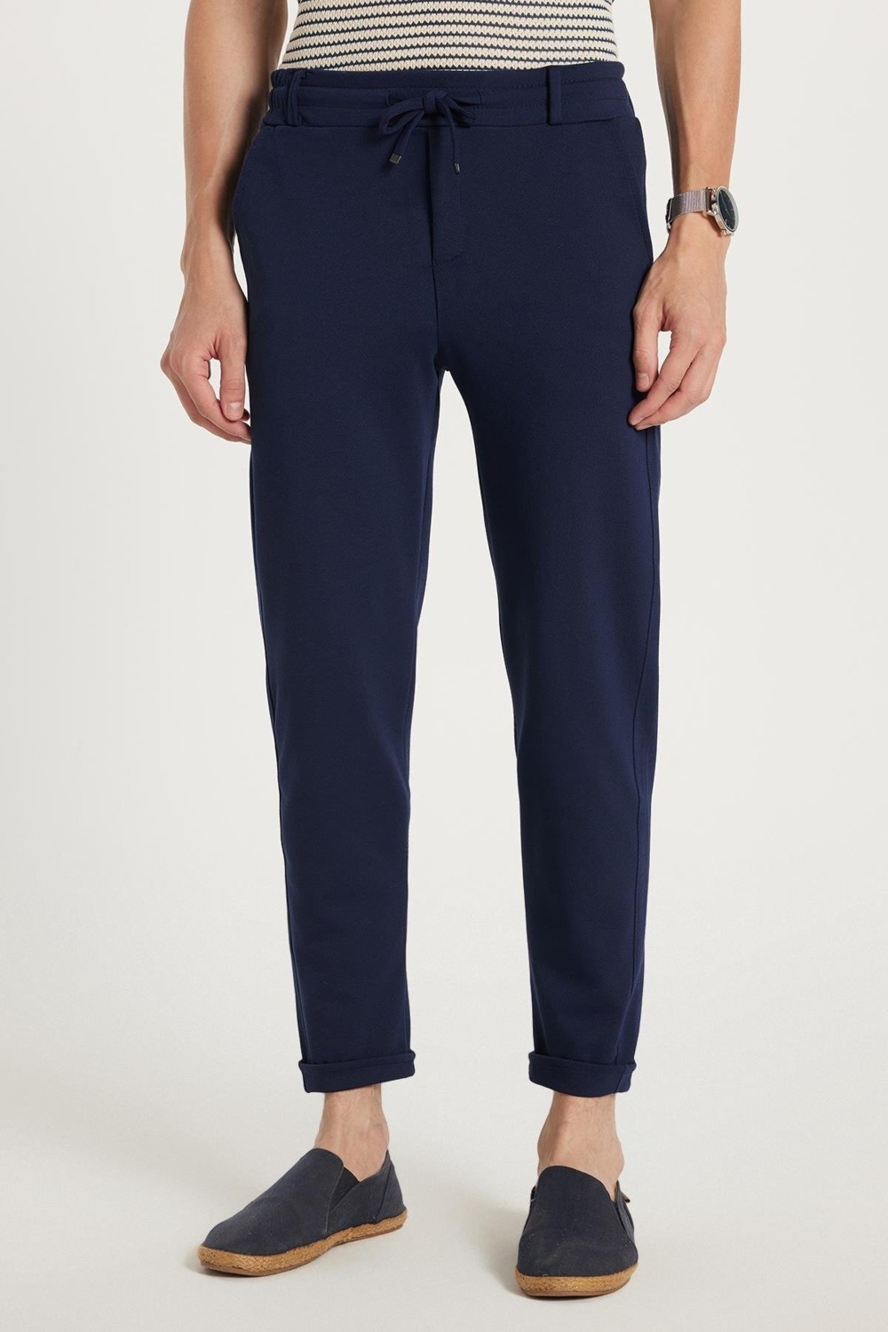 Tudors Erkek Slim Fit Pamuklu Beli Bağlamalı Yan Cepli Katlamalı Paça Jogger Lacivert Pantolon