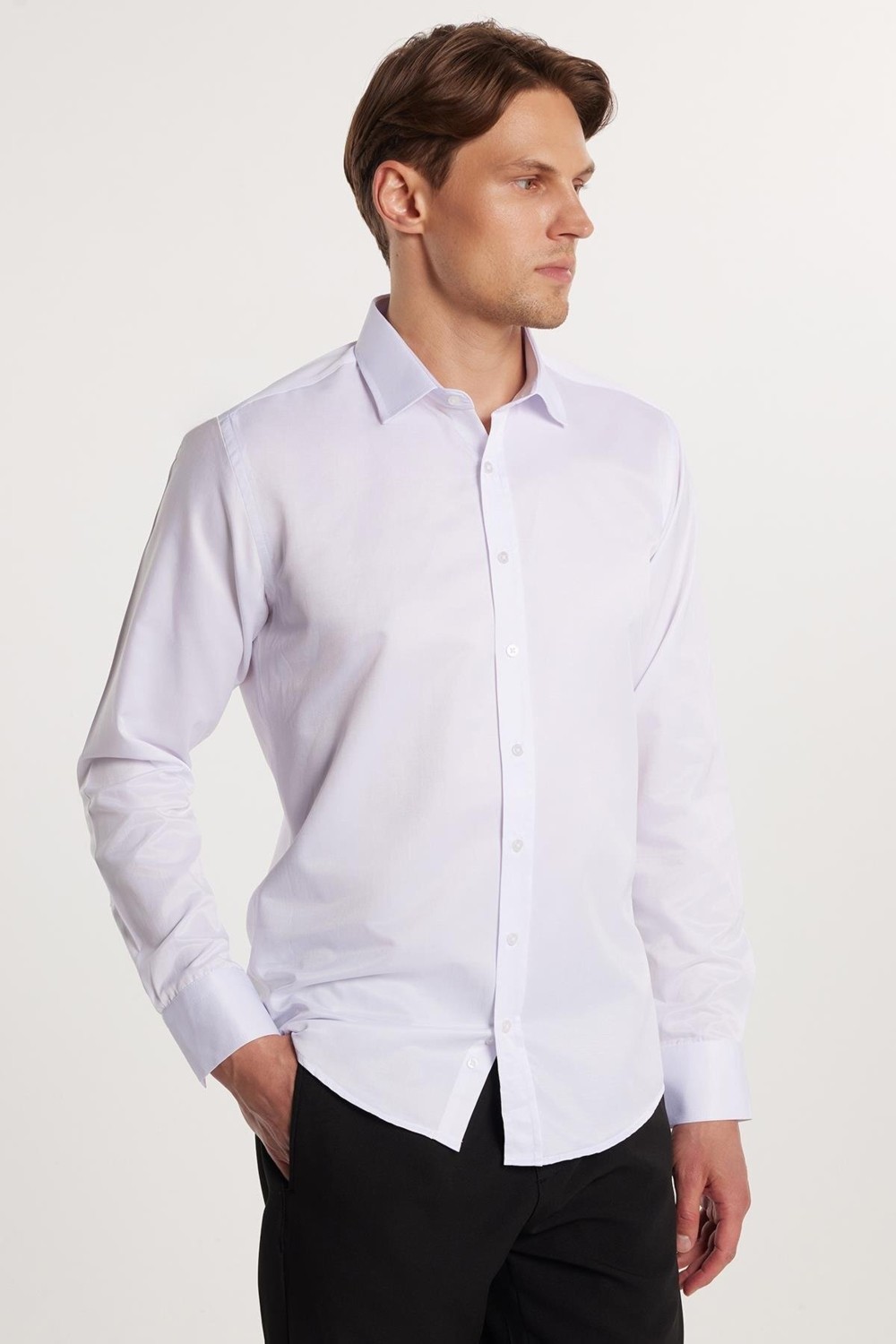 Tudors Erkek Modern Slim Fit Düz Saten Pamuklu Beyaz Gömlek görsel 3