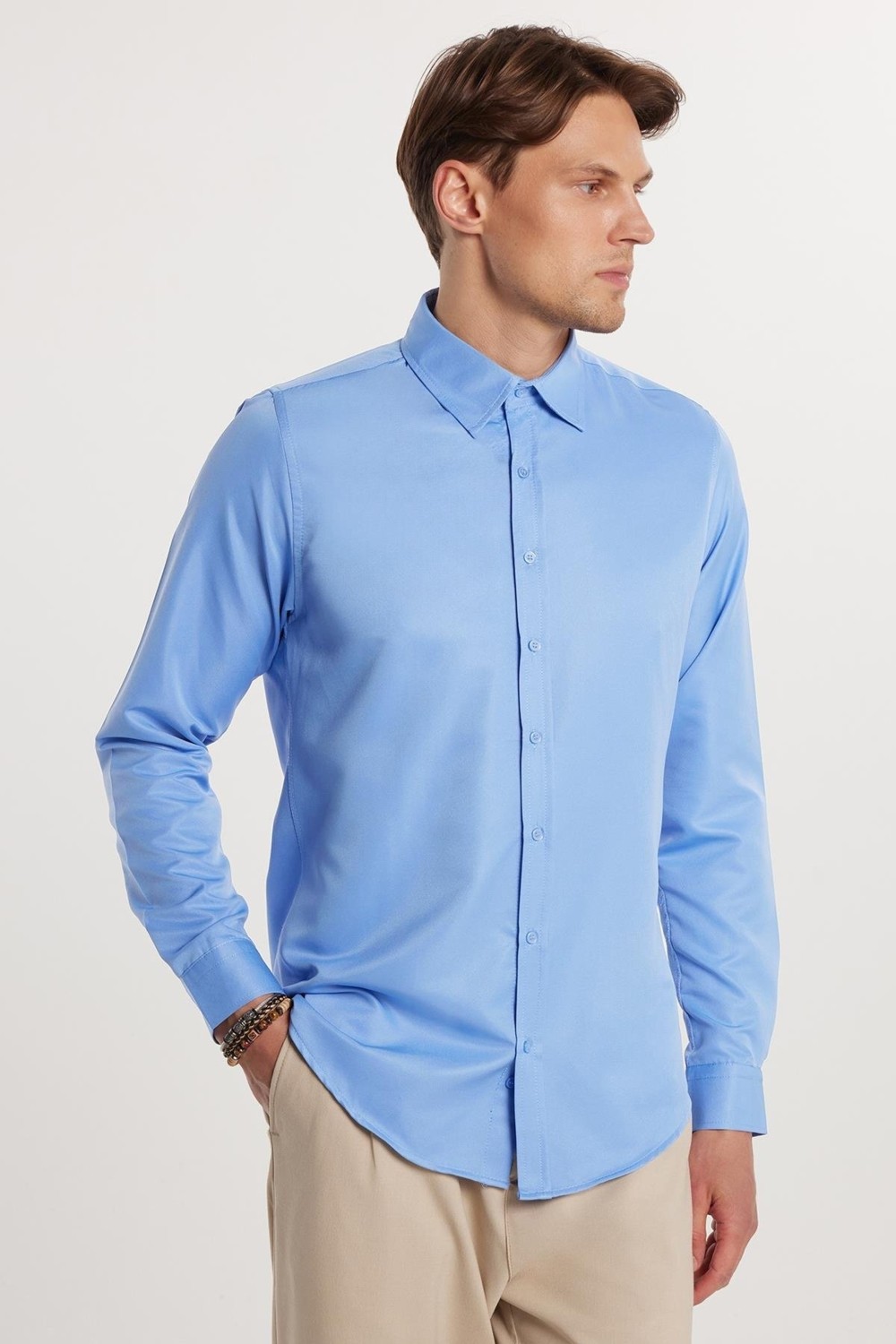 Tudors Slim Fit Kolay Ütü Teri Emen Nefes Alan Doku Kravatlık Dört Mevsim Erkek Gömlek