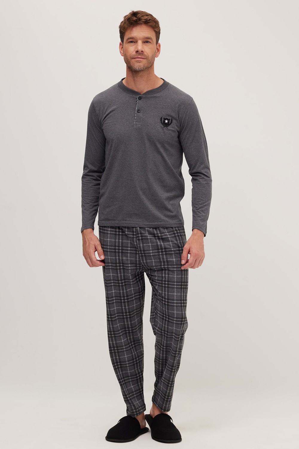 Tudors Erkek Regular Fit Pamuklu Düğmeli Yaka Beli Lastikli Desenli Bordo Pijama Takımı