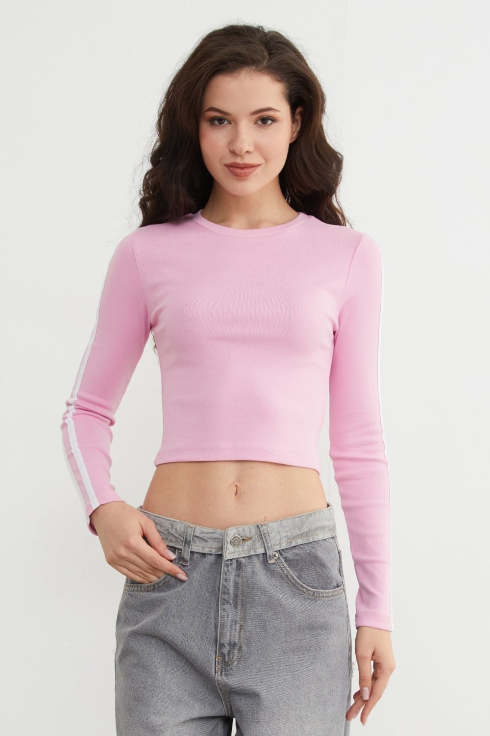 FullaModa Bisiklet Yaka Kolları Biye Detaylı Crop Body