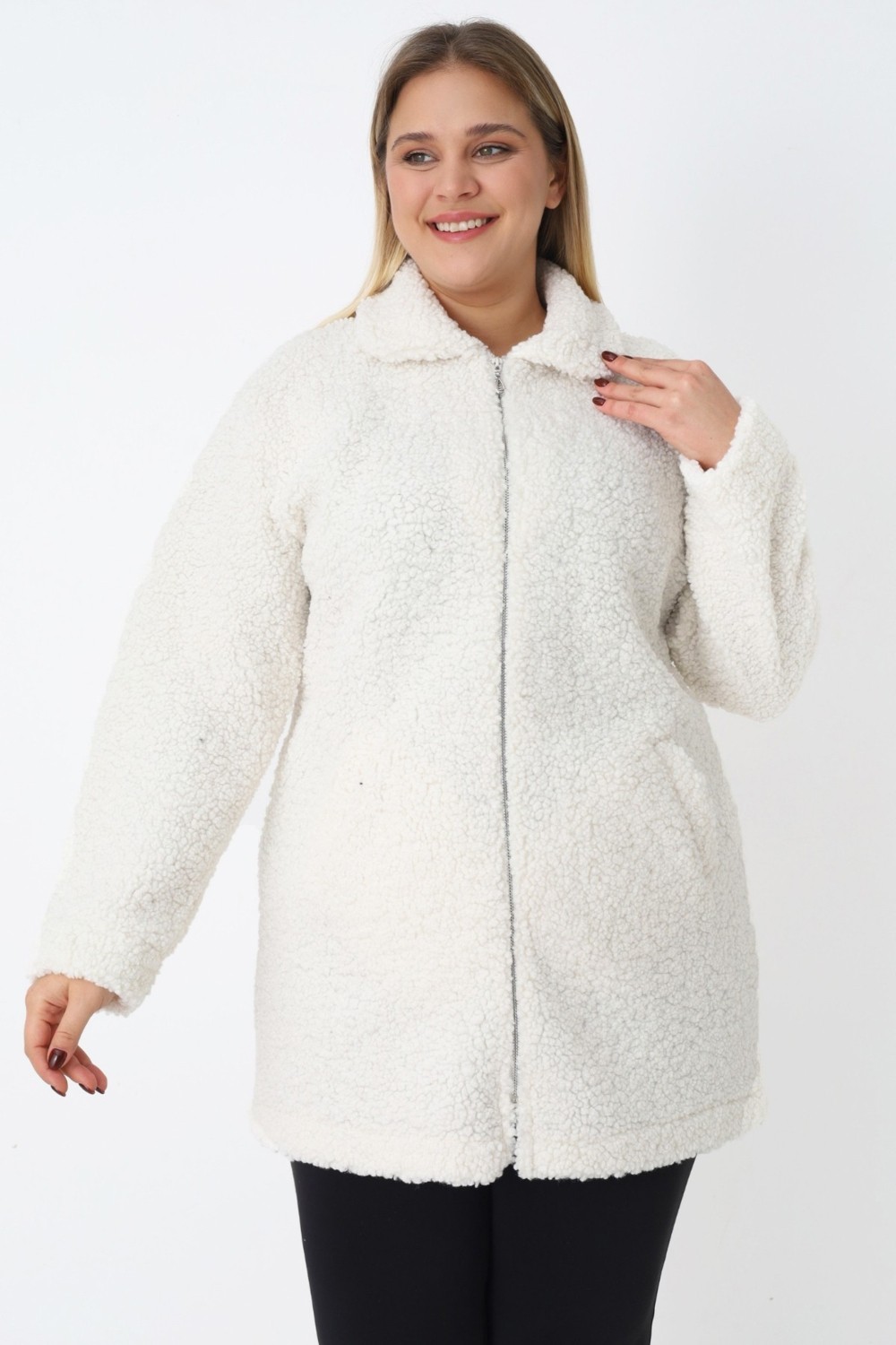 Intensive Collection Kadın Büyük Beden Siyah Fermuarlı Cepli Soft Teddy Peluş Uzun Kollu Hırka