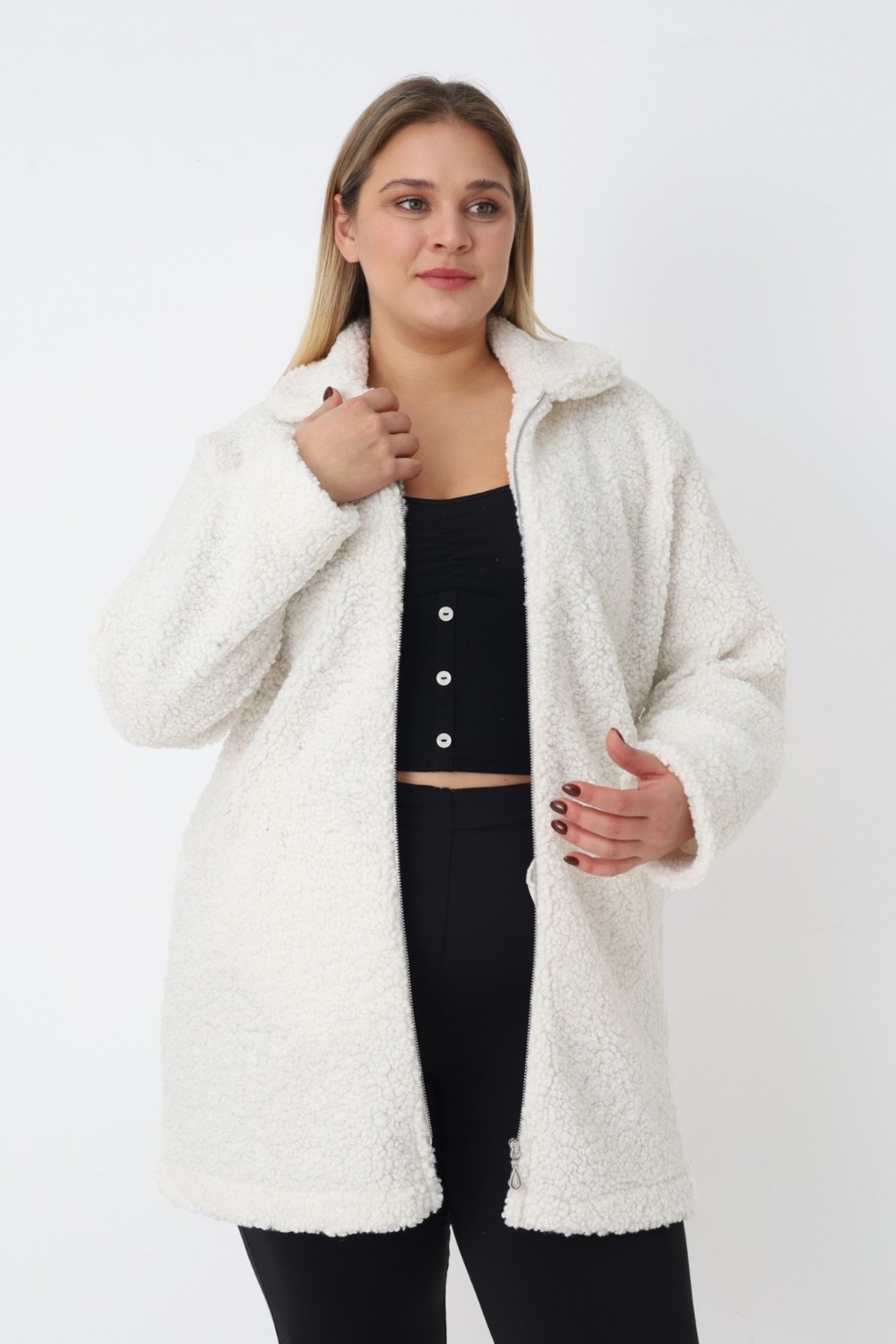 Intensive Collection Kadın Büyük Beden Siyah Fermuarlı Cepli Soft Teddy Peluş Uzun Kollu Hırka görsel 3