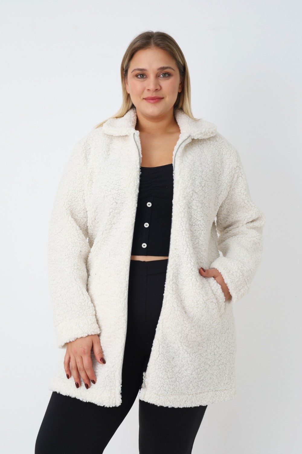 Intensive Collection Kadın Büyük Beden Siyah Fermuarlı Cepli Soft Teddy Peluş Uzun Kollu Hırka görsel 4