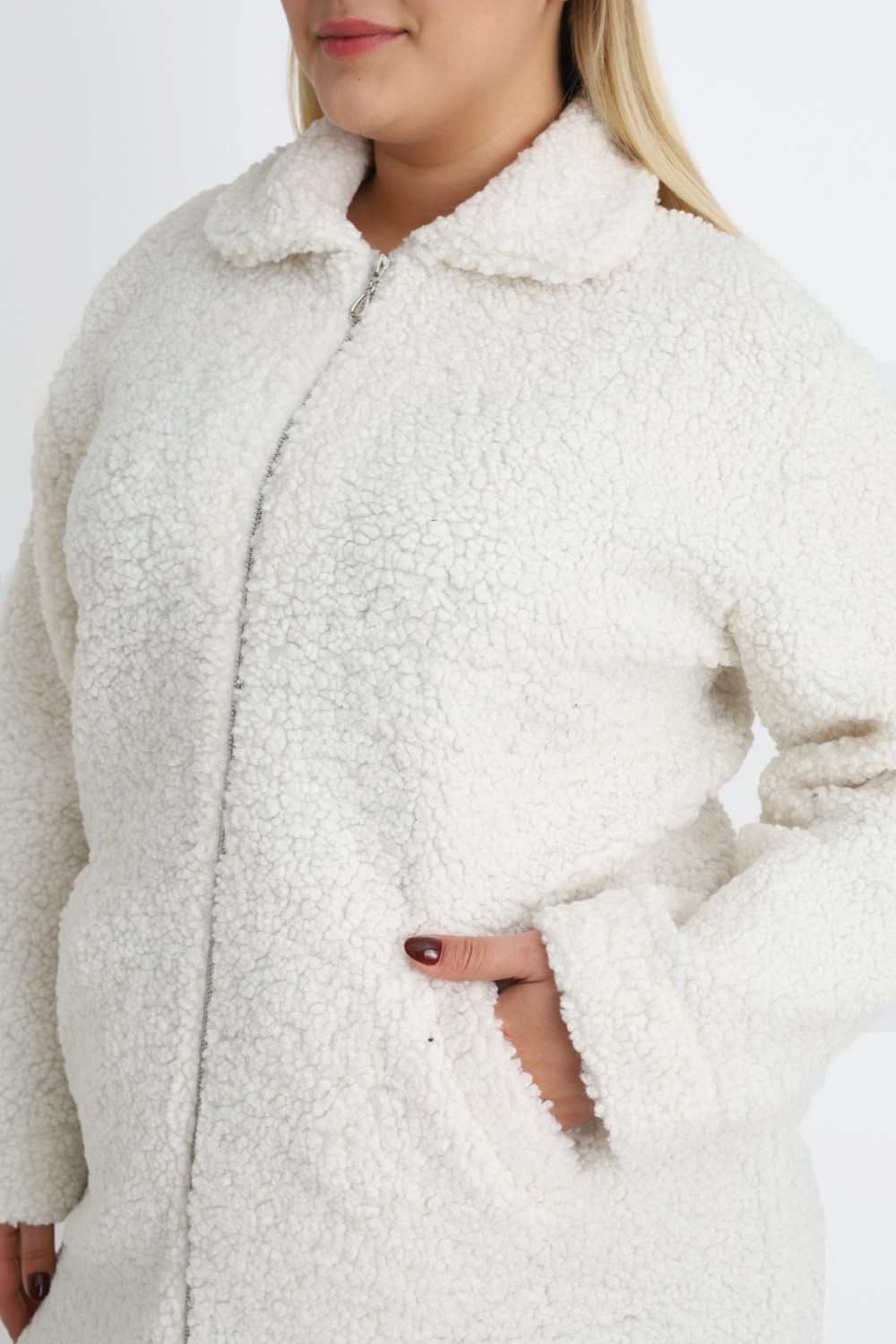 Intensive Collection Kadın Büyük Beden Siyah Fermuarlı Cepli Soft Teddy Peluş Uzun Kollu Hırka görsel 6