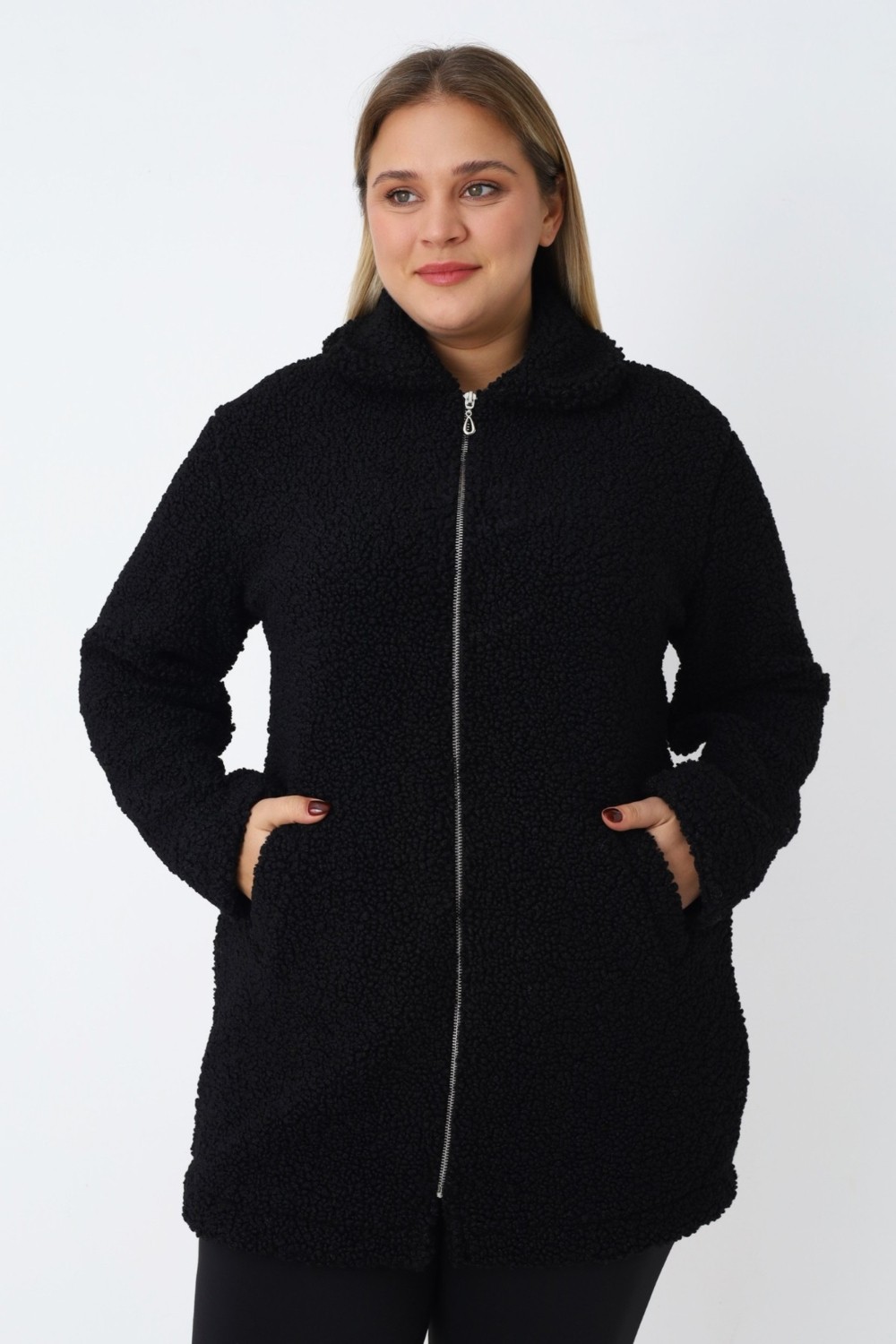 Intensive Collection Kadın Büyük Beden Siyah Fermuarlı Cepli Soft Teddy Peluş Uzun Kollu Hırka görsel 8