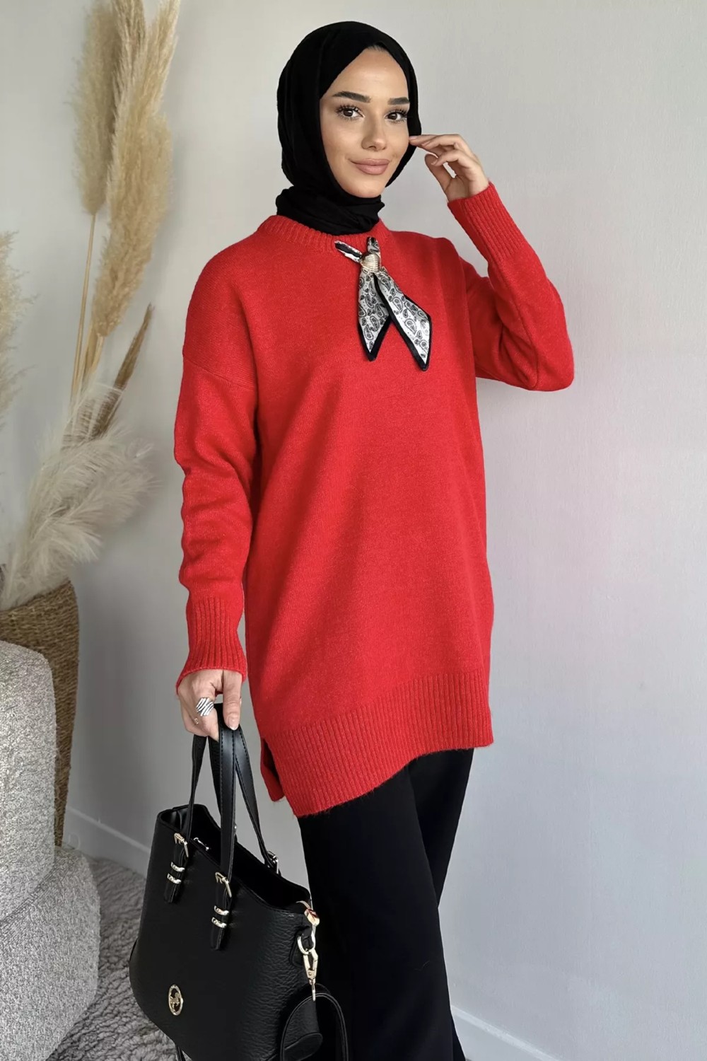 Julude Bisiklet Yaka Fularlı Tesettür Triko Tunik P-00019203 görsel 2