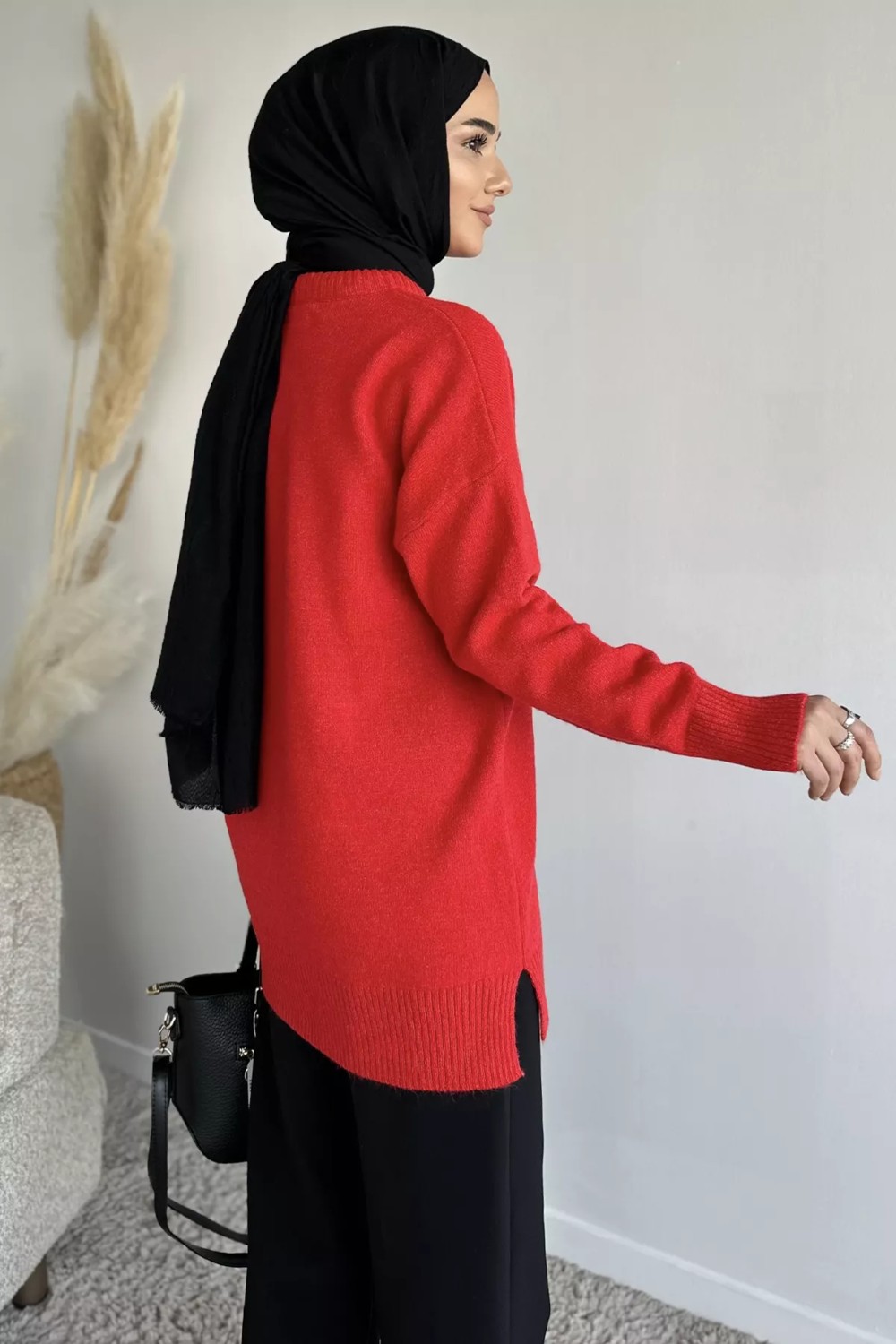 Julude Bisiklet Yaka Fularlı Tesettür Triko Tunik P-00019203 görsel 3